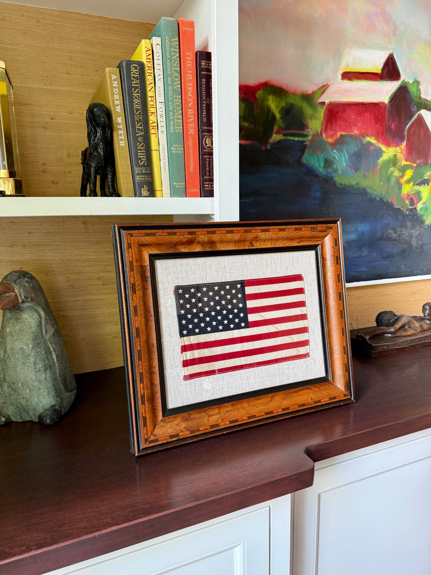 Vintage 50 Star American Flag on Natural Linen in Marquetry Wood Frame