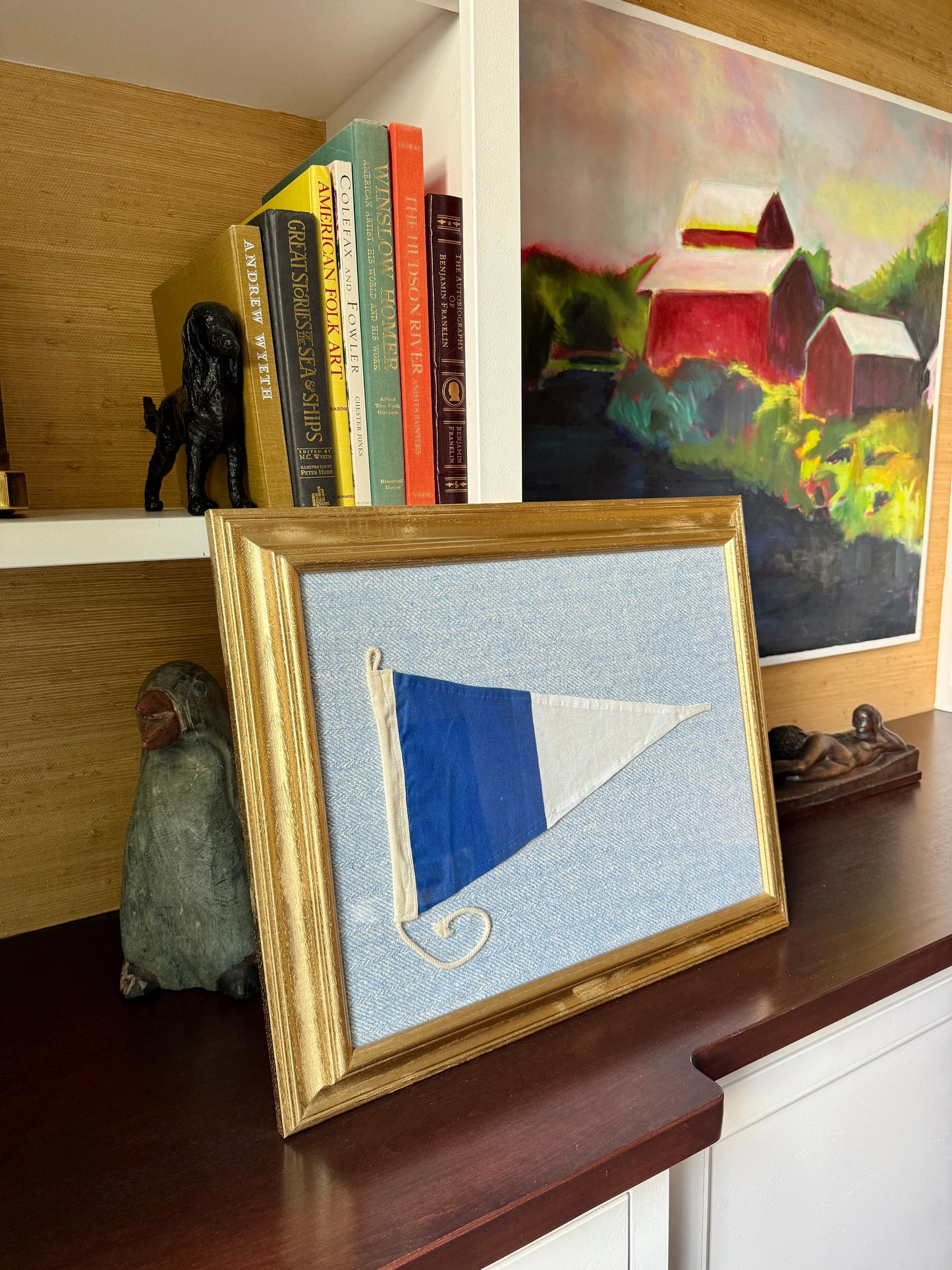 Vintage Second Substitute Burgee Nautical Flag on Blue Herringbone Fabric in Gold Frame