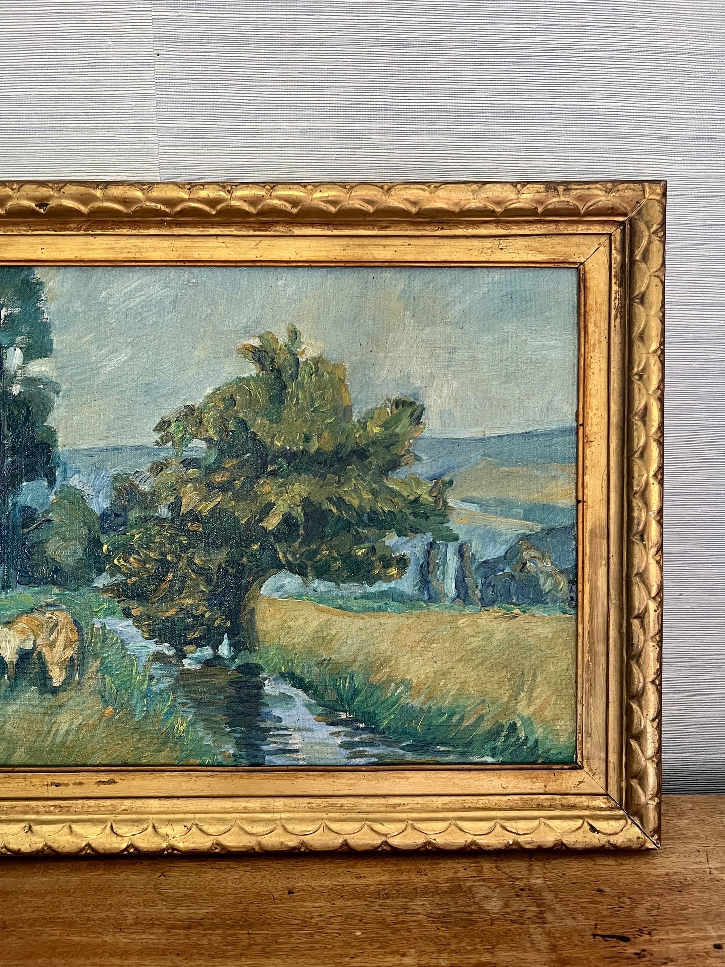 20th C. Impressionist Horses Grazing on Summer Day Oil Painting in Scalloped Gold Frame