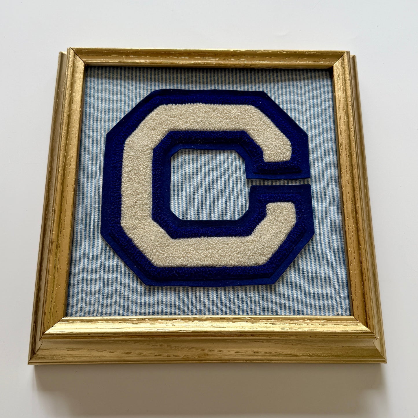 Vintage Large Varsity Initial Letter "C" on Blue White Oxford Striped Fabric in Gold Frame