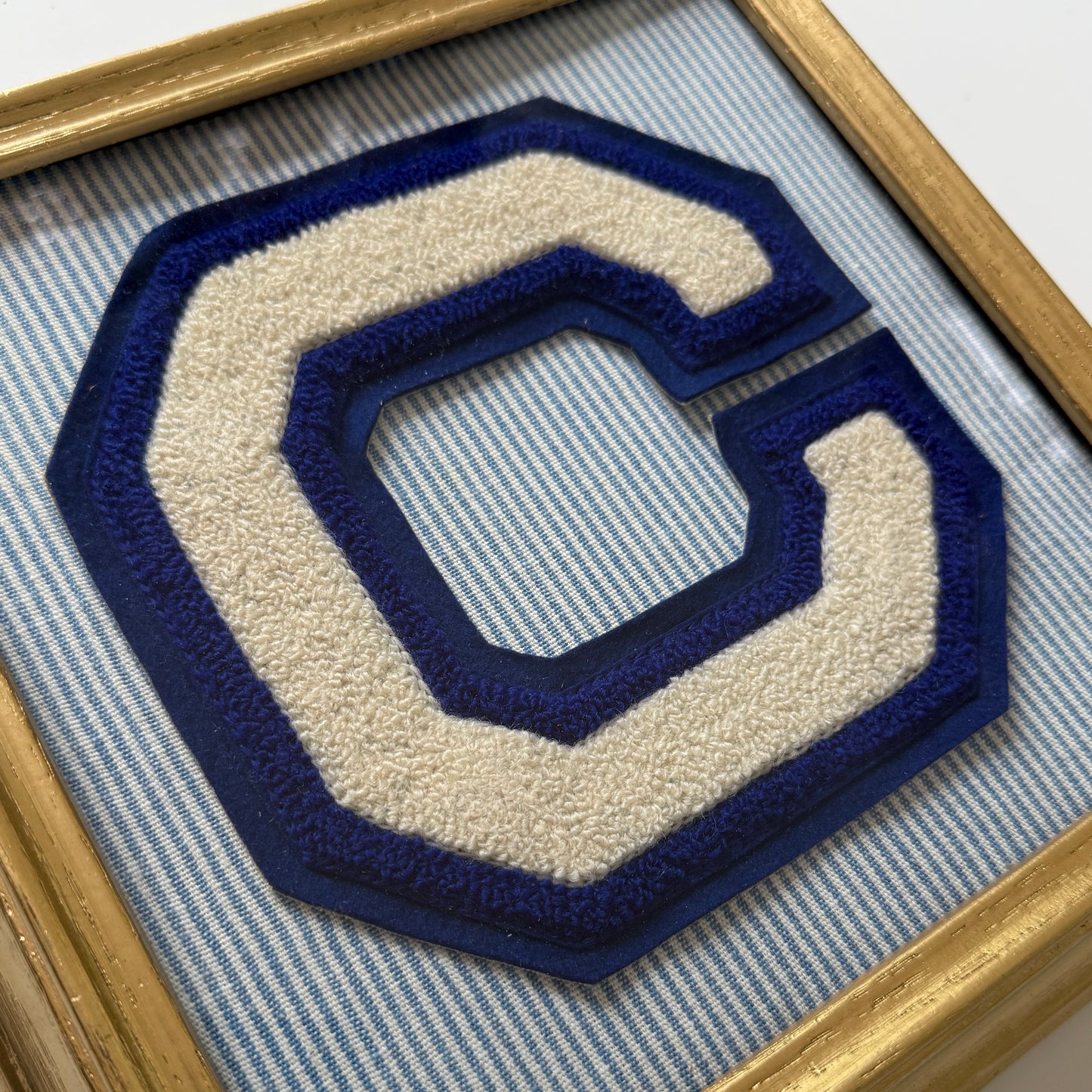Vintage Large Varsity Initial Letter "C" on Blue White Oxford Striped Fabric in Gold Frame