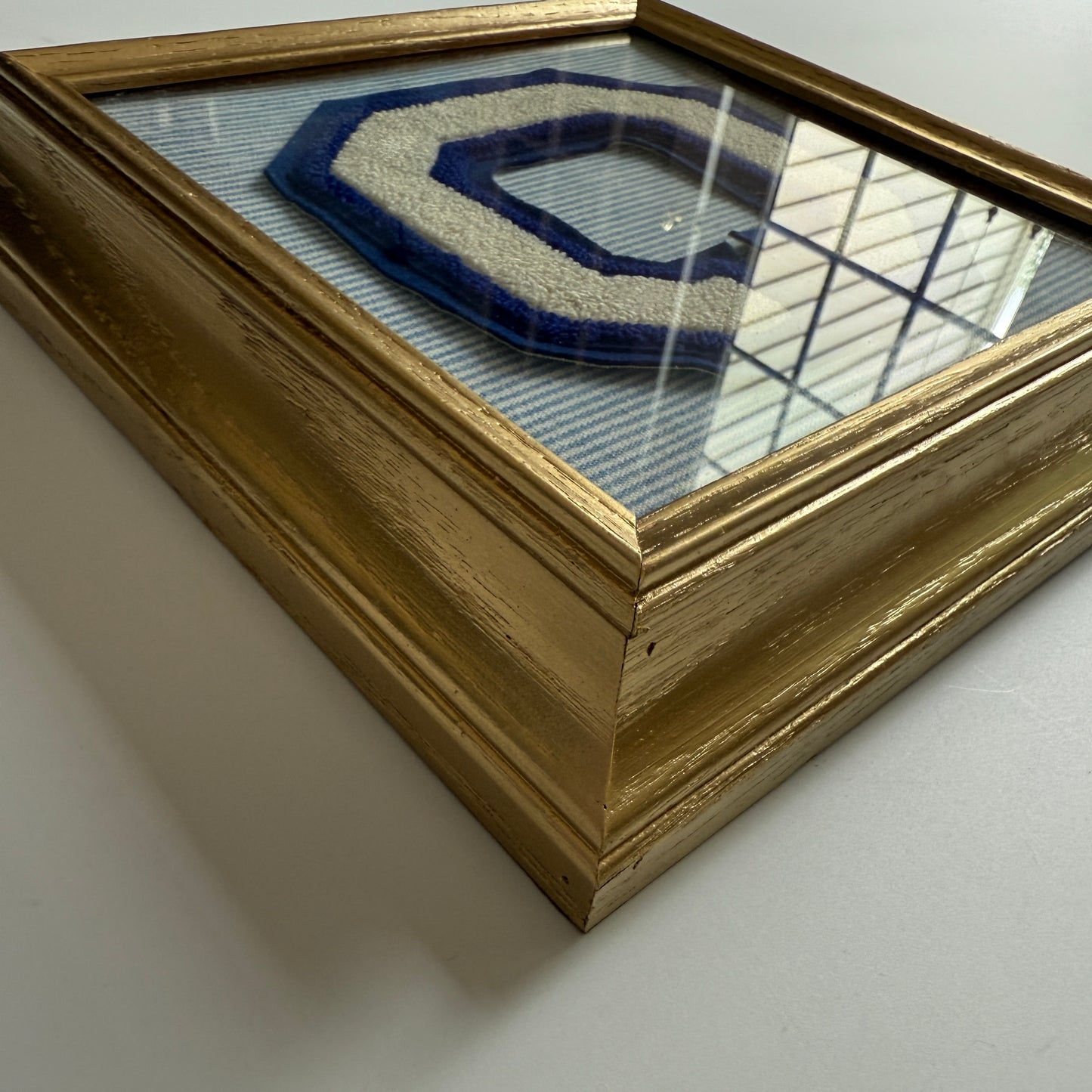 Vintage Large Varsity Initial Letter "C" on Blue White Oxford Striped Fabric in Gold Frame