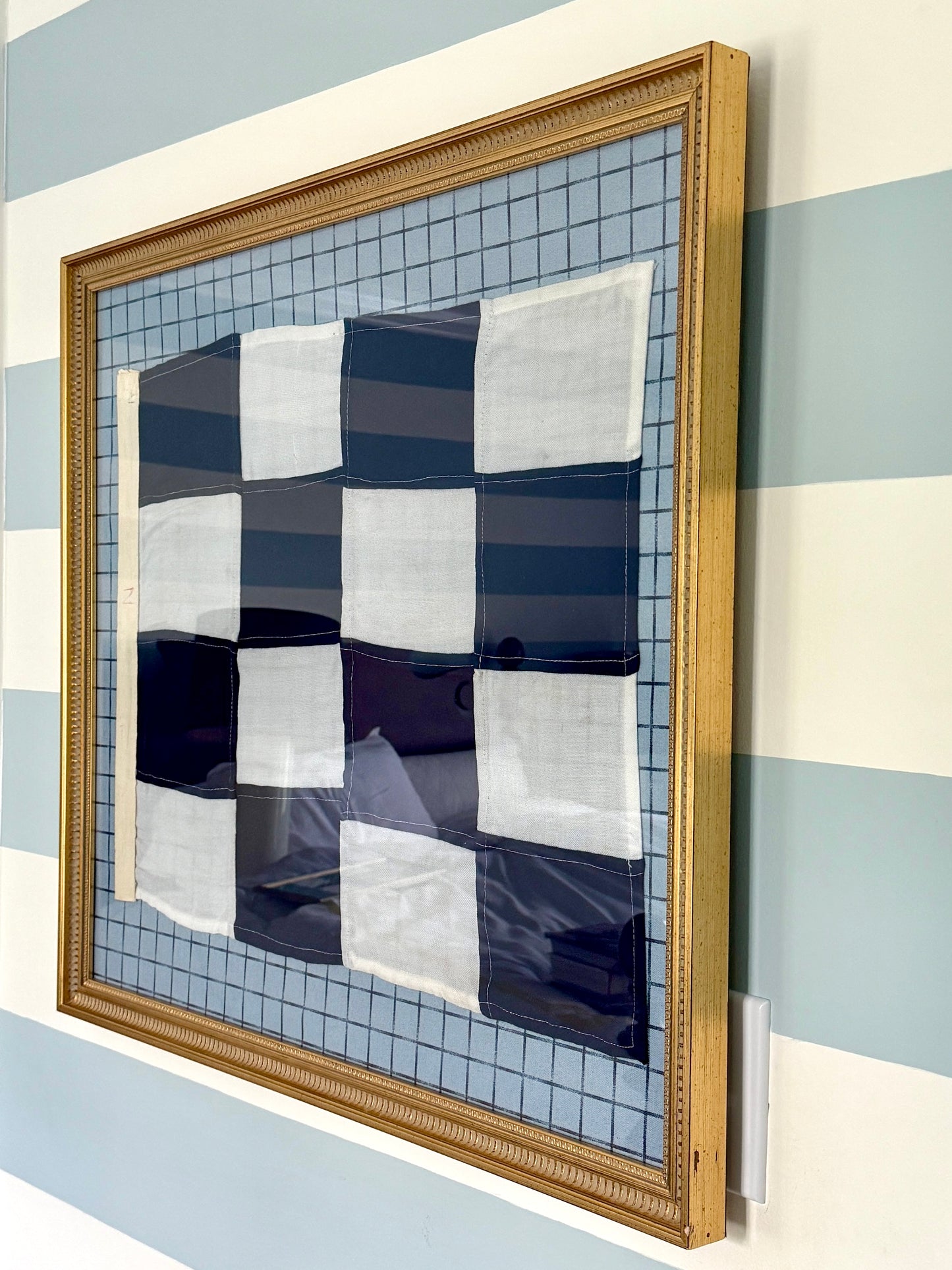 Vintage Large Nautical Checkered Signal Flag "N" on Blue Windowpane Fabric in Gold Frame