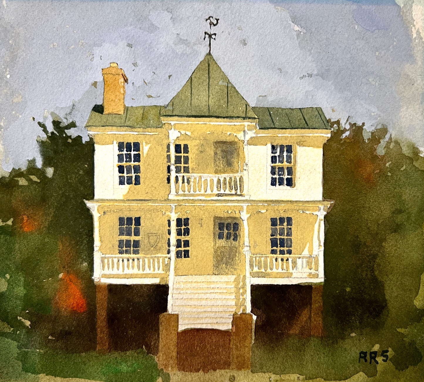 Robert Stack Beaufort House Portrait Gouache Painting in Light Gold Bamboo Frame