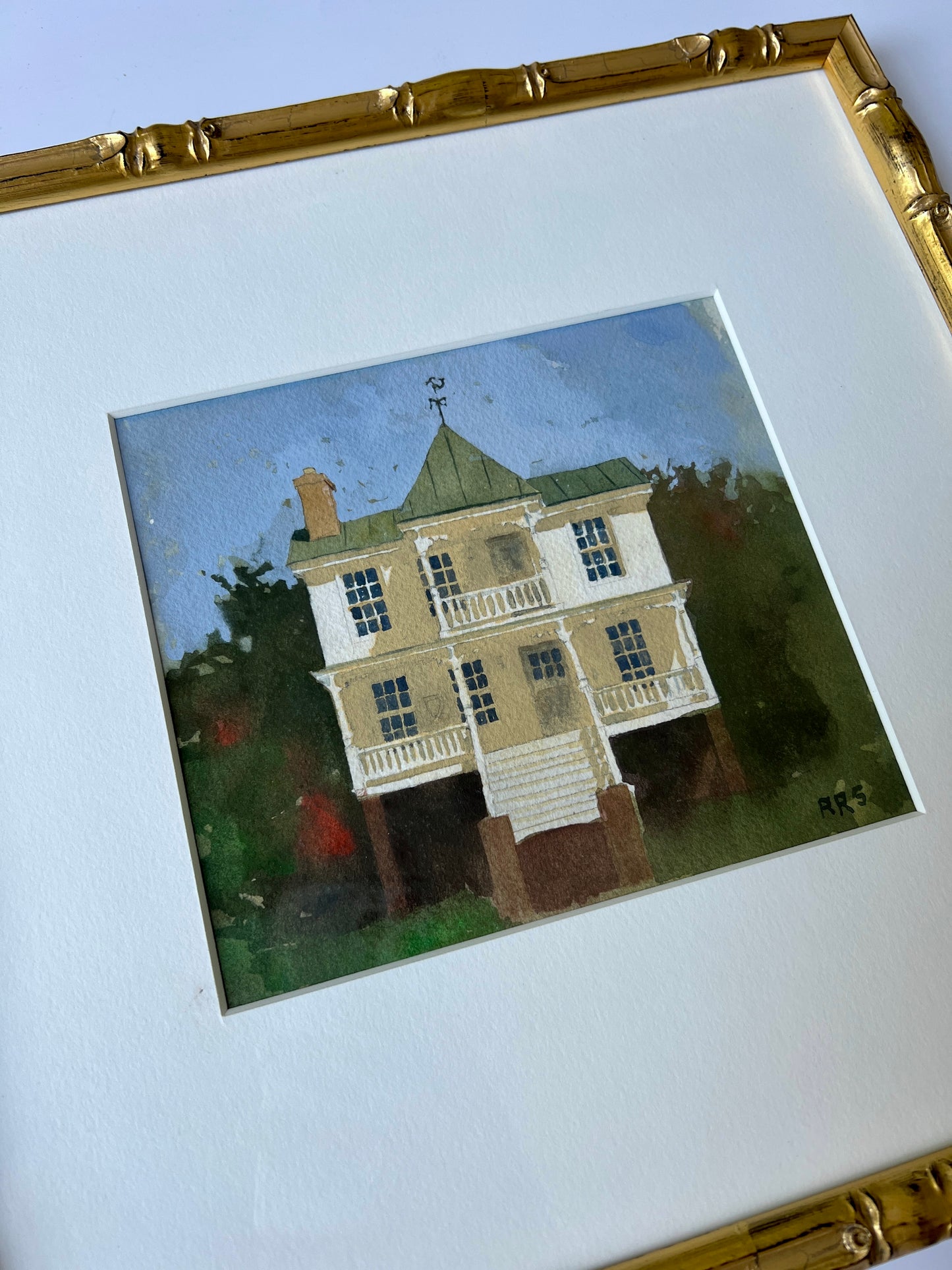 Robert Stack Beaufort House Portrait Gouache Painting in Light Gold Bamboo Frame