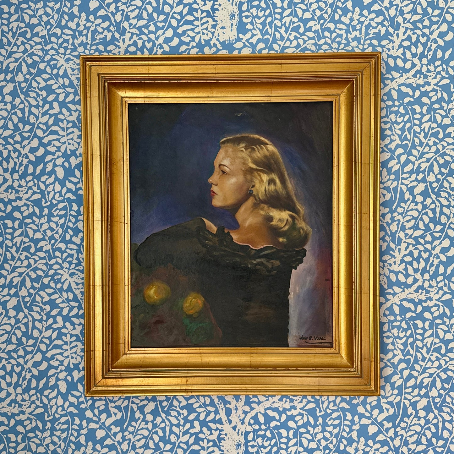 Vintage Blonde Young Woman Portrait Oil Painting in Gold Frame