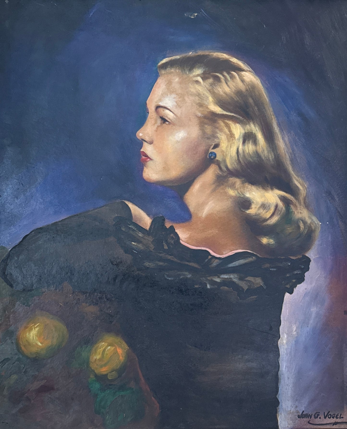 Vintage Blonde Young Woman Portrait Oil Painting in Gold Frame