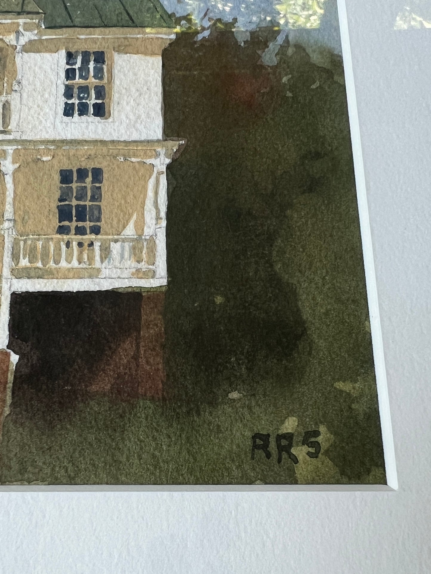 Robert Stack Beaufort House Portrait Gouache Painting in Light Gold Bamboo Frame