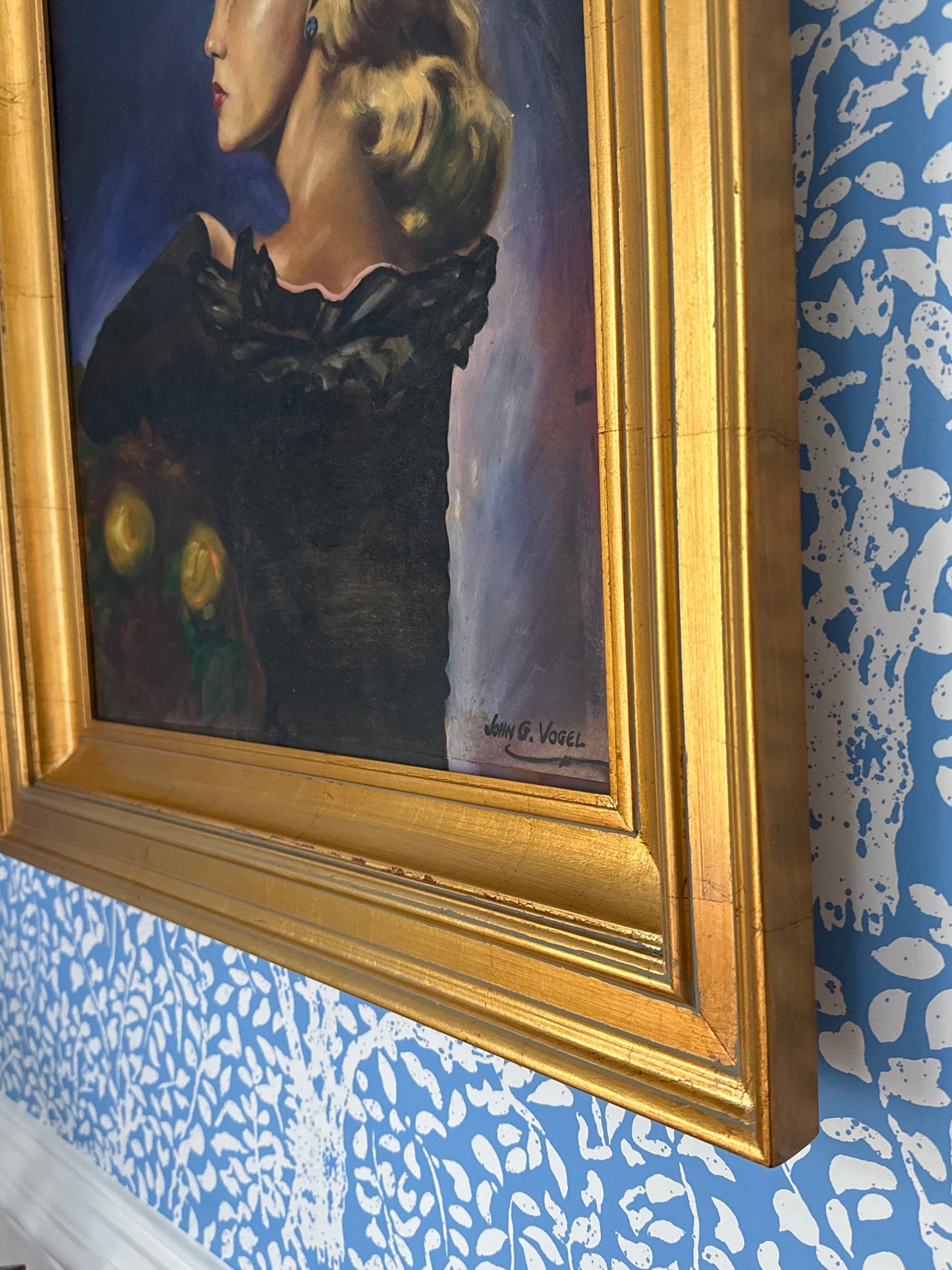 Vintage Blonde Young Woman Portrait Oil Painting in Gold Frame