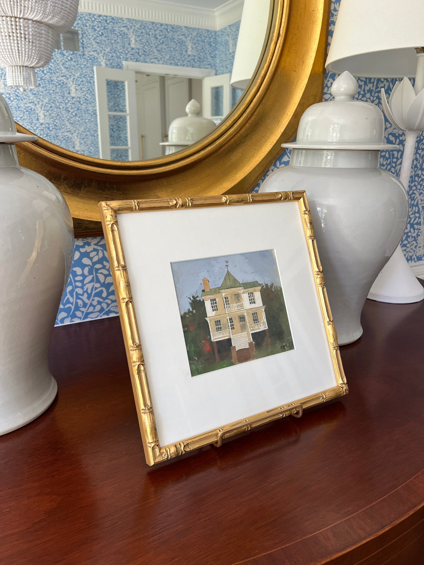 Robert Stack Beaufort House Portrait Gouache Painting in Light Gold Bamboo Frame