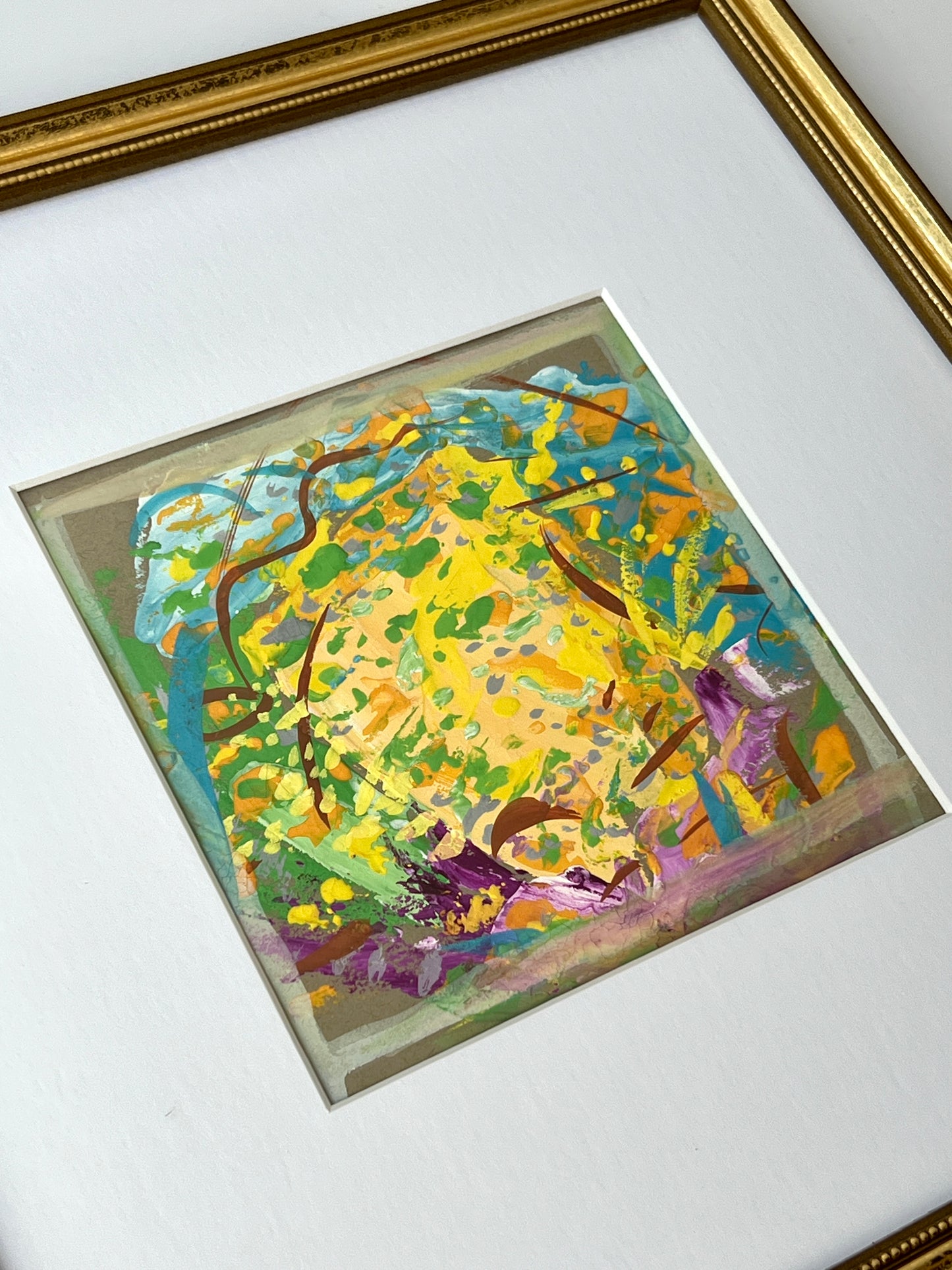 Vintage Bright Colorful Abstract Oil Painting #2 in Gold Frame