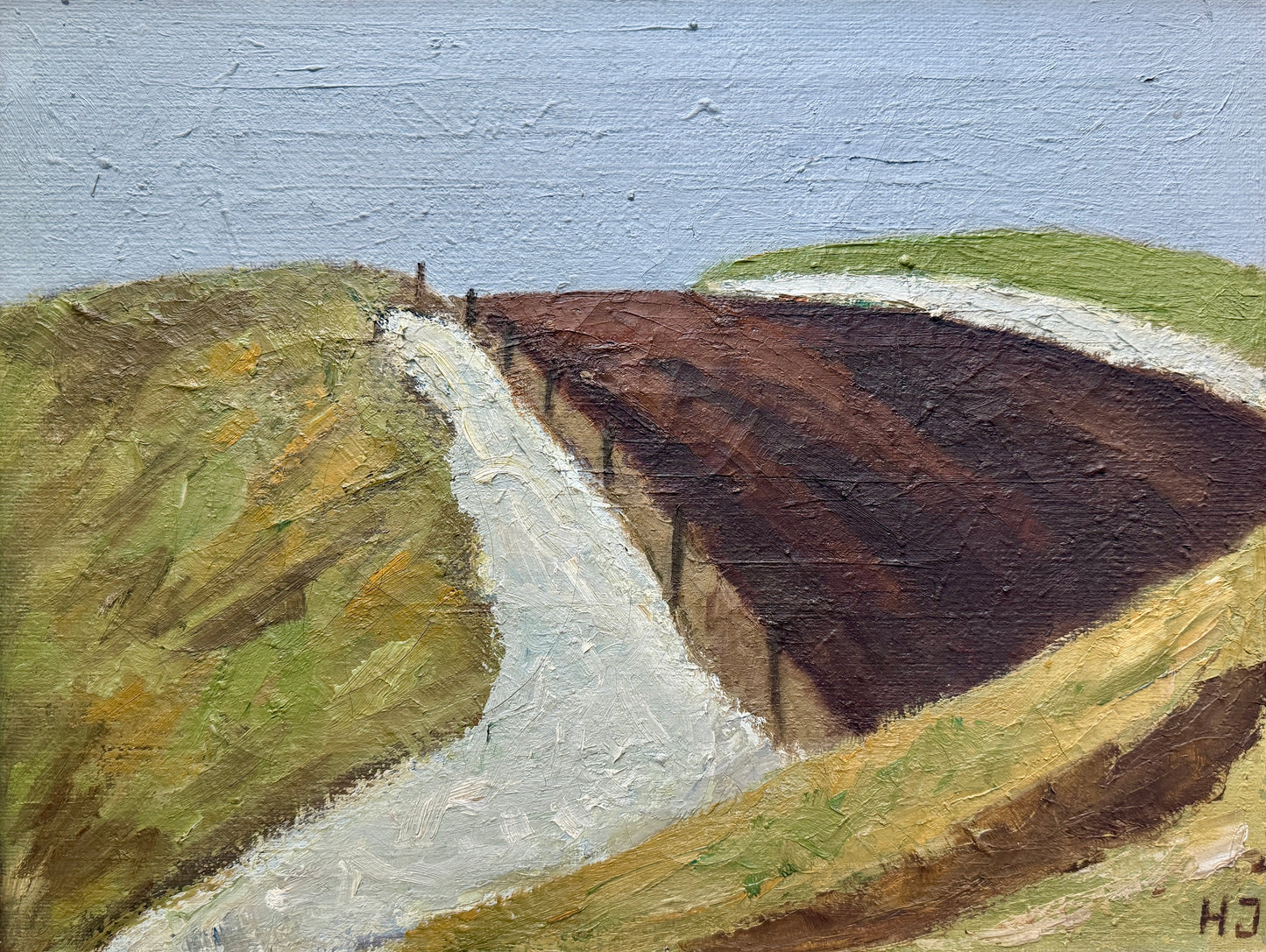 Expressionist Vintage Blue Green Hillside Landscape Oil Painting in Gold Frame