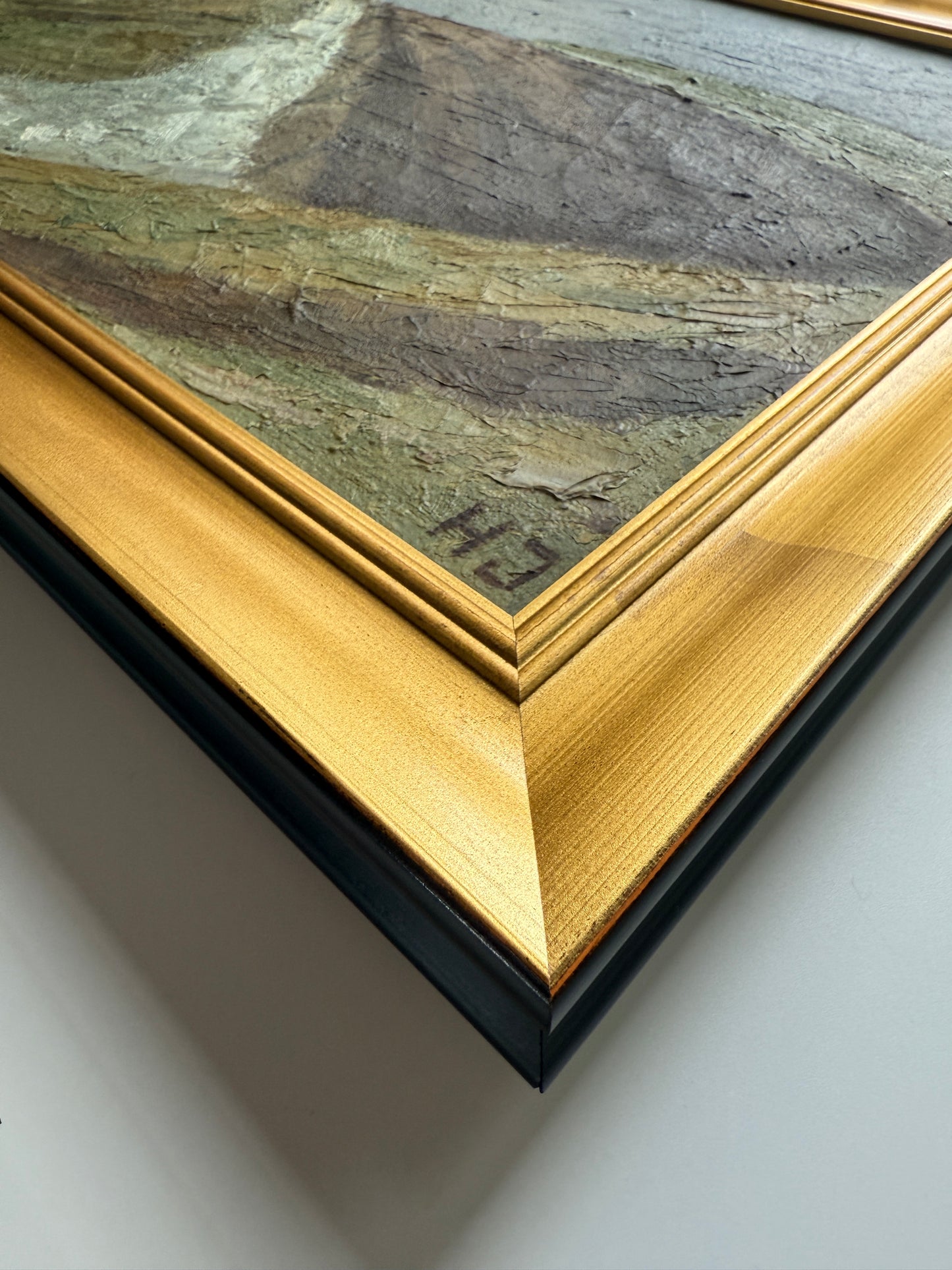 Expressionist Vintage Blue Green Hillside Landscape Oil Painting in Gold Frame