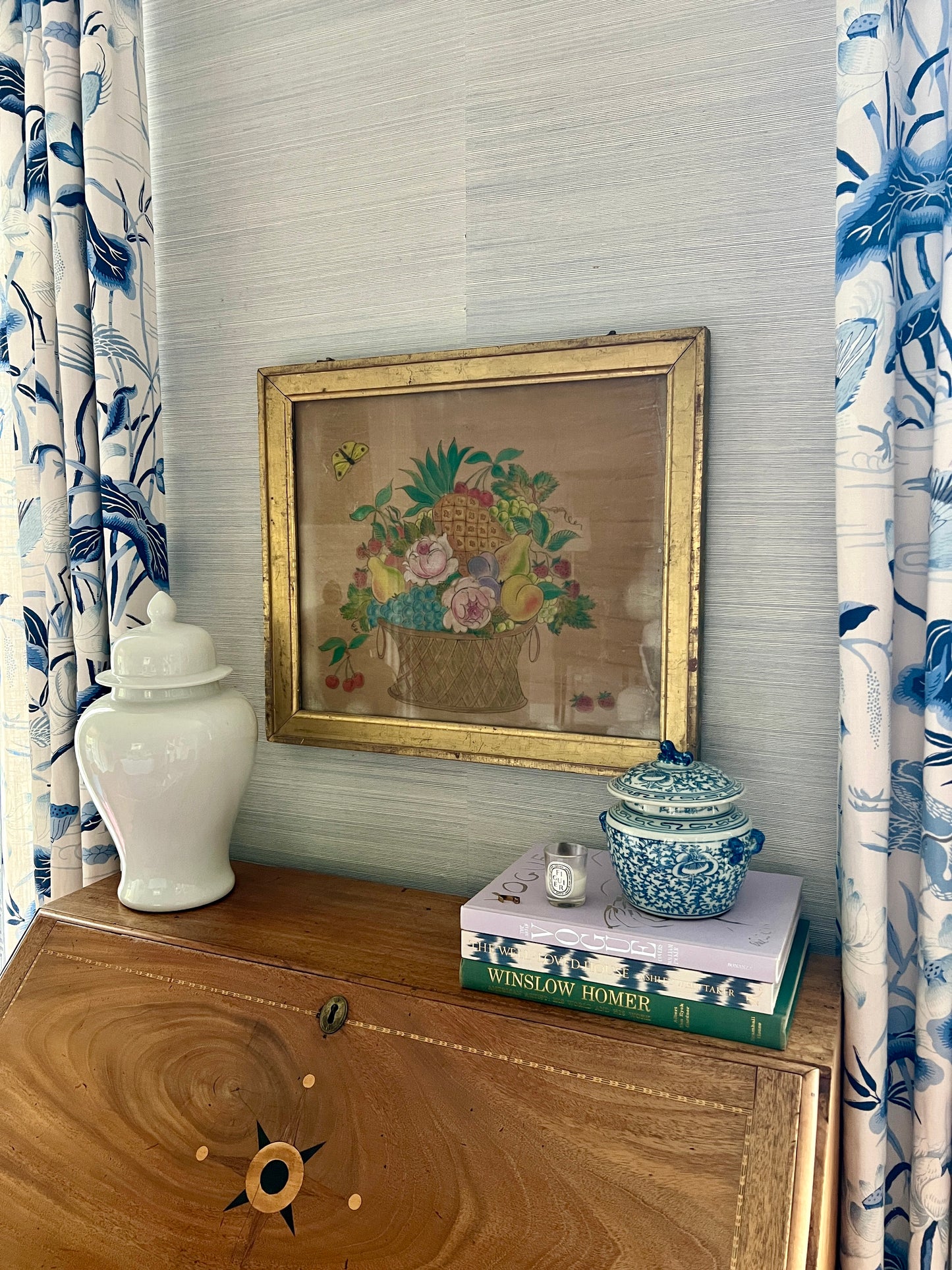 19th Century Oil on Velvet Theorem Fruit Basket with Butterfly in Gold Frame