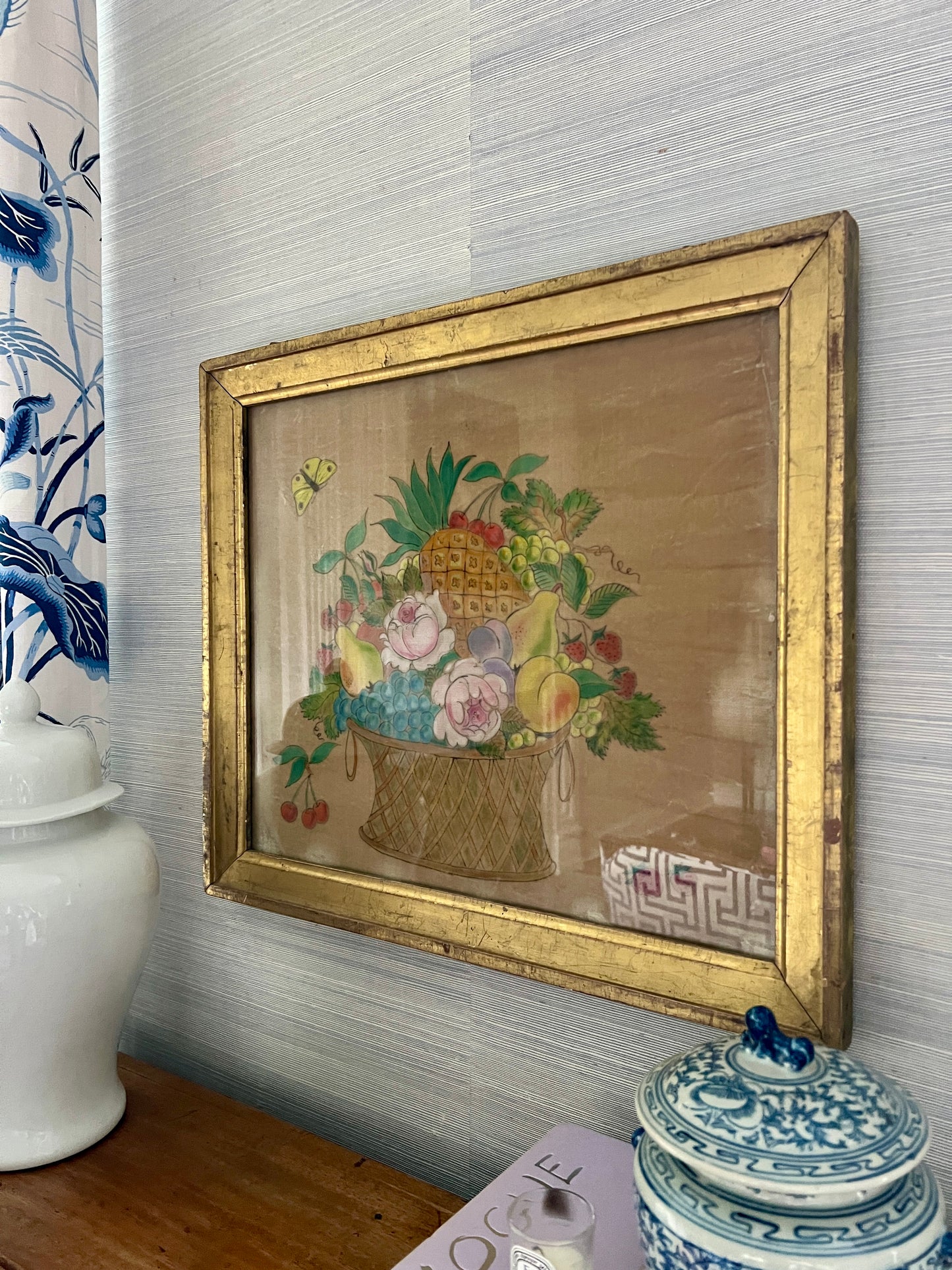 19th Century Oil on Velvet Theorem Fruit Basket with Butterfly in Gold Frame