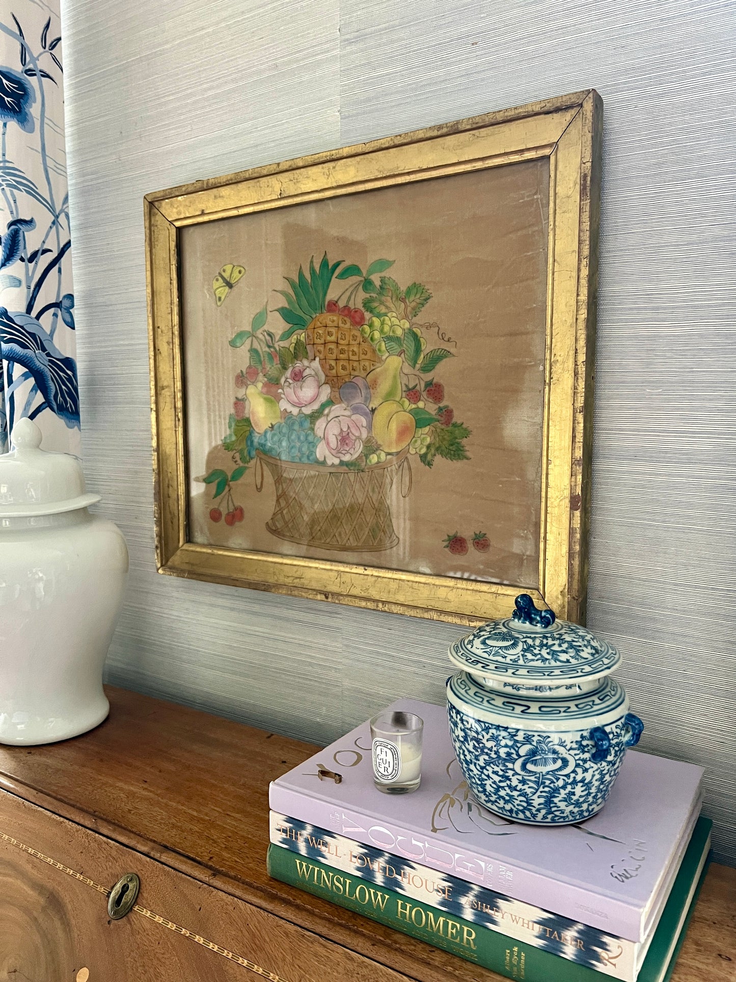 19th Century Oil on Velvet Theorem Fruit Basket with Butterfly in Gold Frame