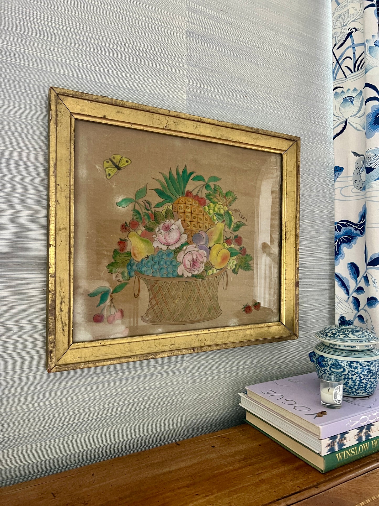 19th Century Oil on Velvet Theorem Fruit Basket with Butterfly in Gold Frame