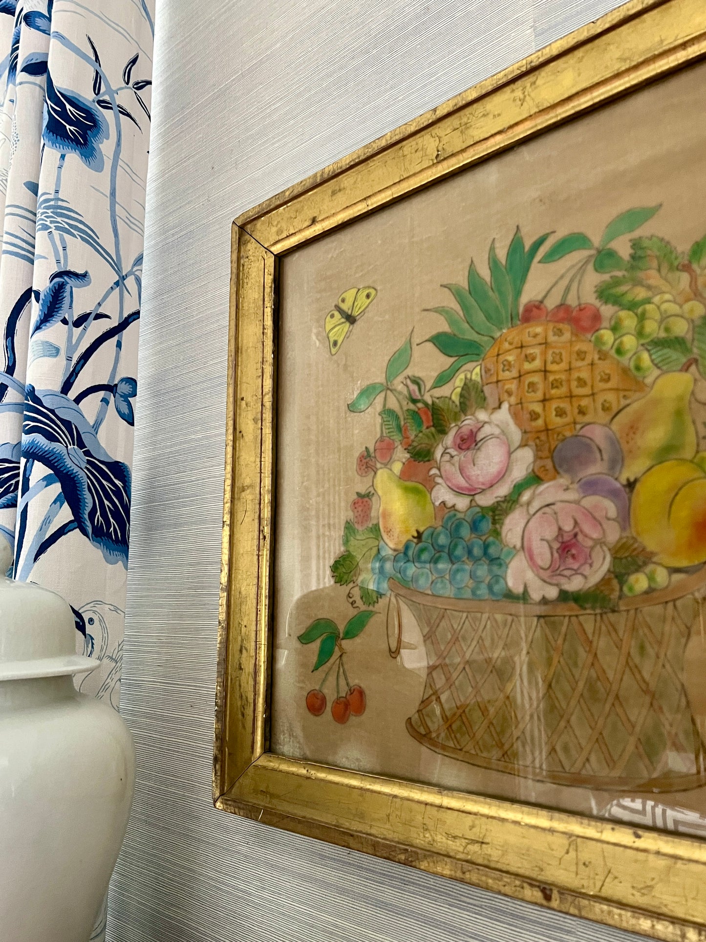 19th Century Oil on Velvet Theorem Fruit Basket with Butterfly in Gold Frame