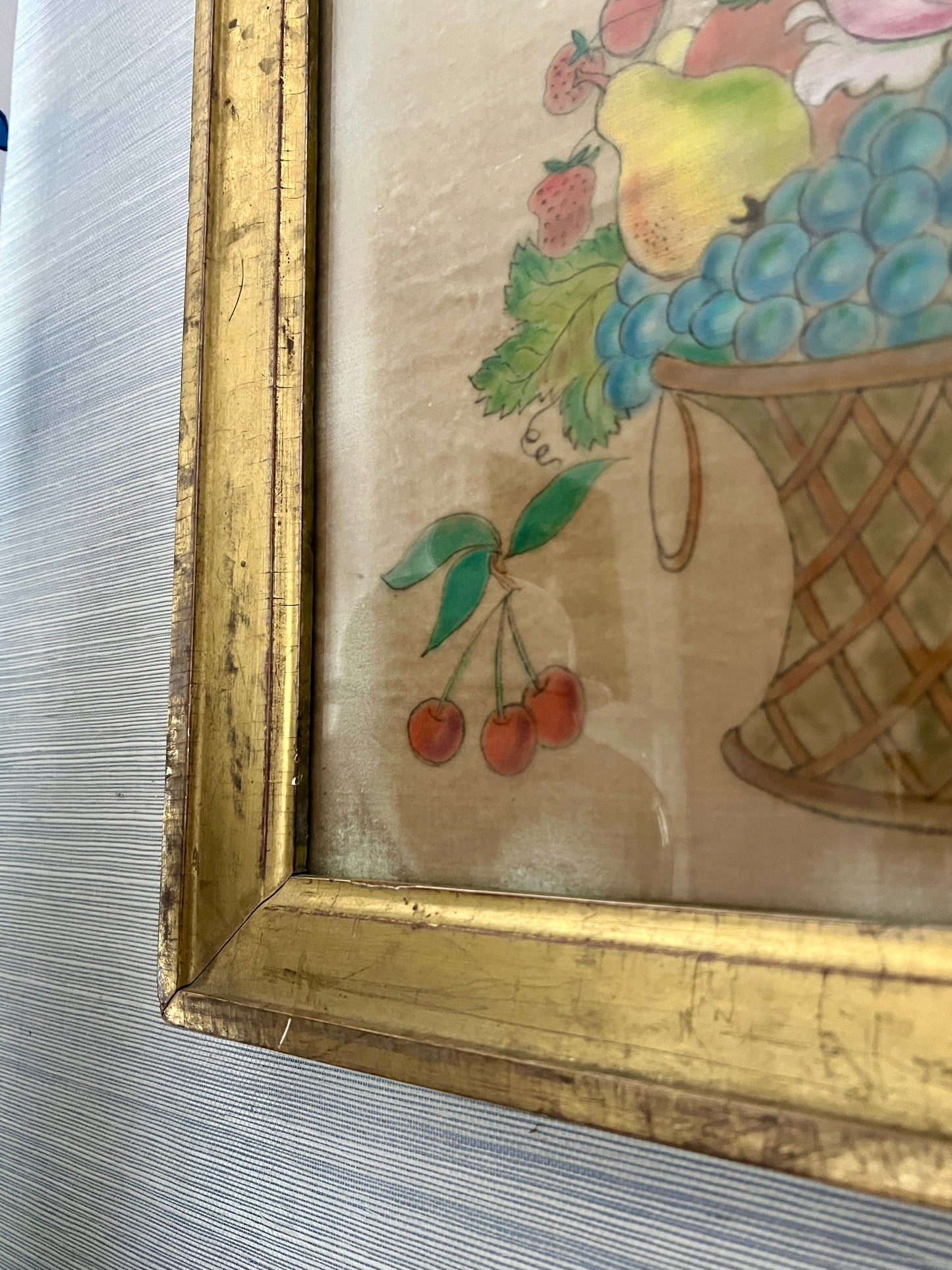 19th Century Oil on Velvet Theorem Fruit Basket with Butterfly in Gold Frame