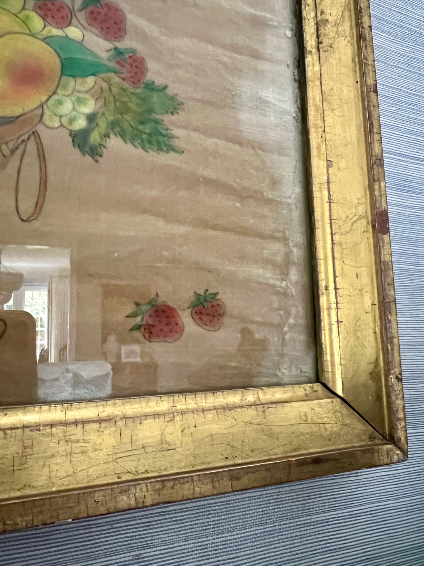19th Century Oil on Velvet Theorem Fruit Basket with Butterfly in Gold Frame