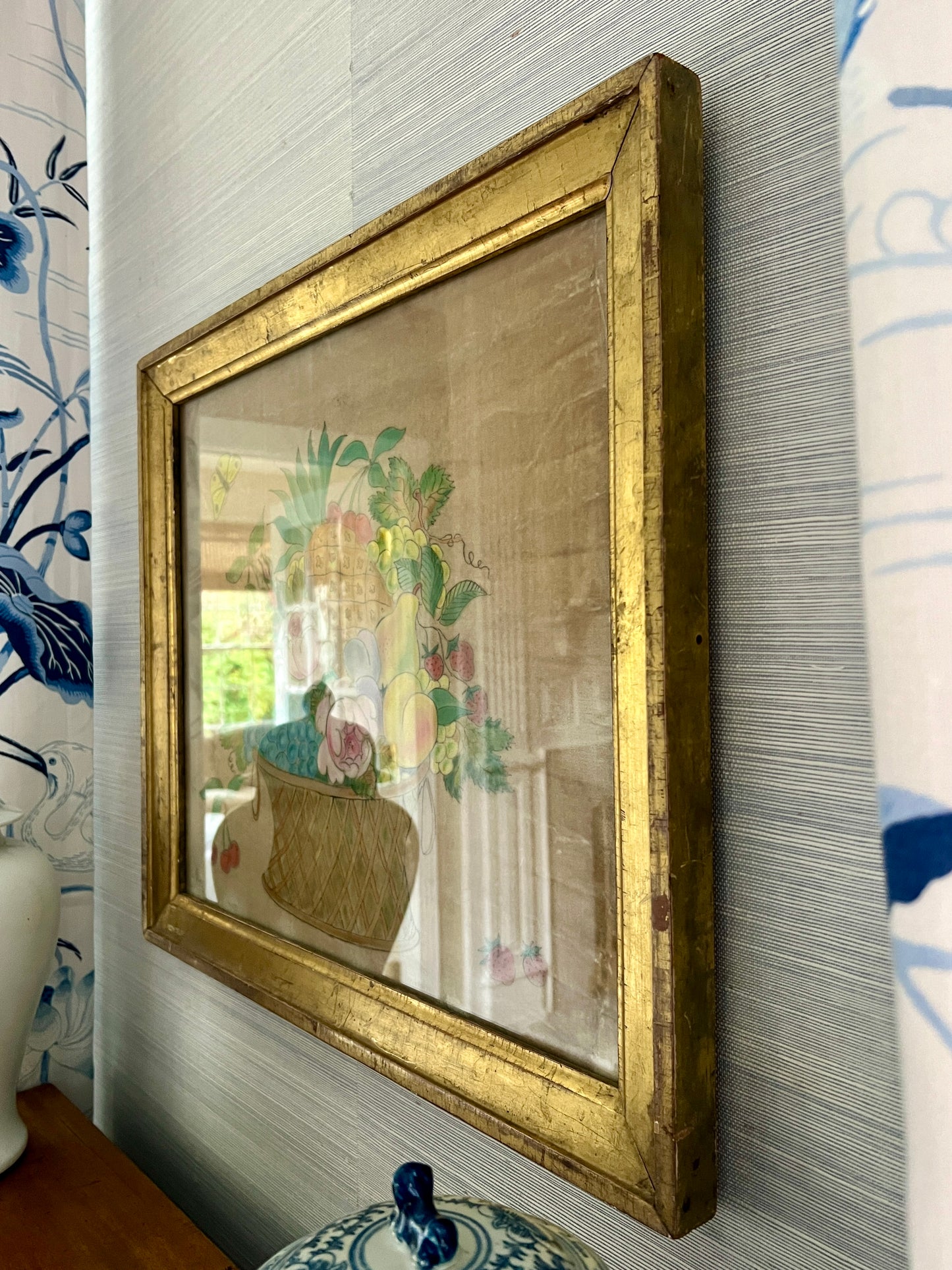 19th Century Oil on Velvet Theorem Fruit Basket with Butterfly in Gold Frame
