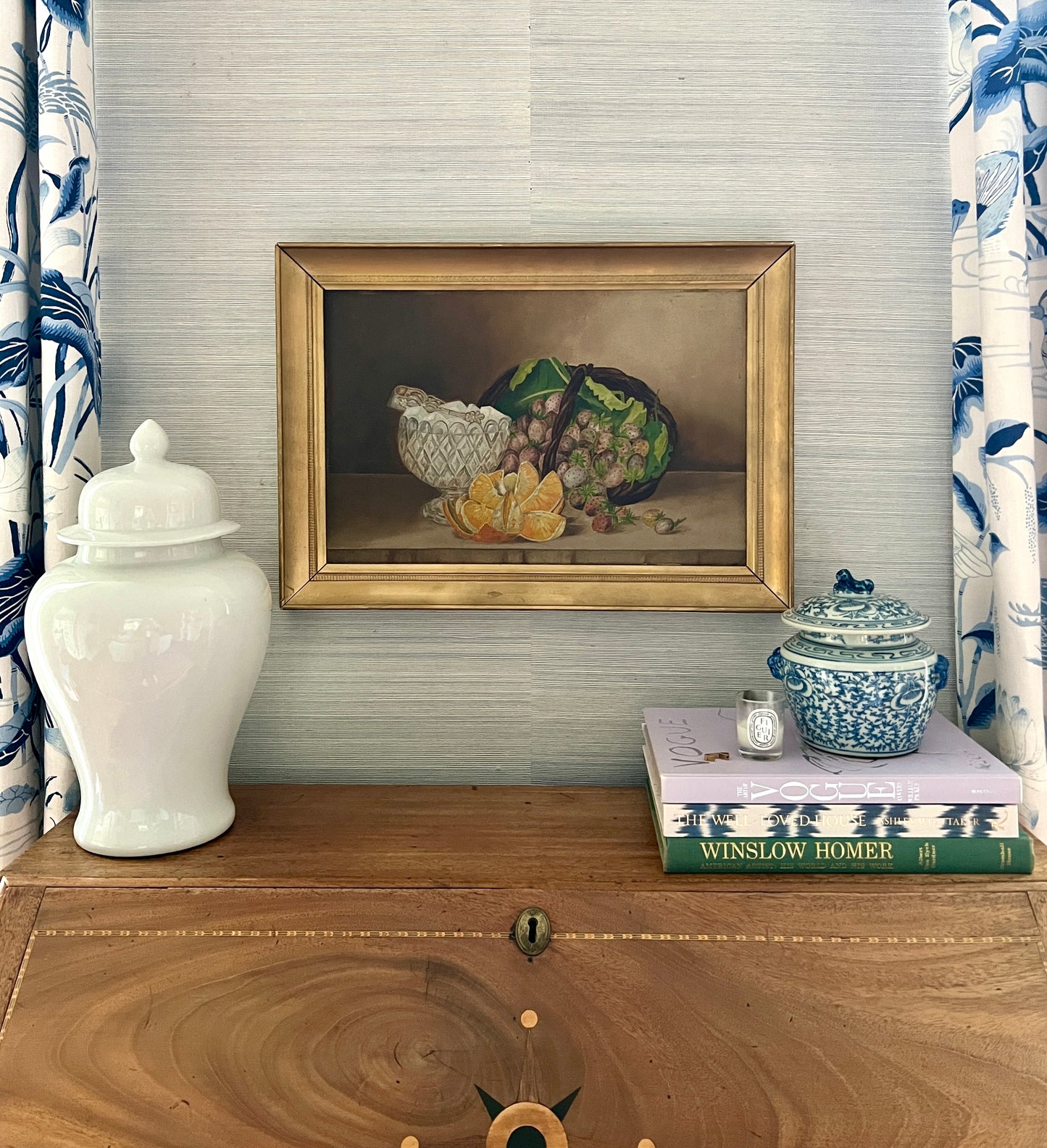 19th Century American Folk Art Still Life Sugar Cubes and Basket of Strawberries in Gold Frame