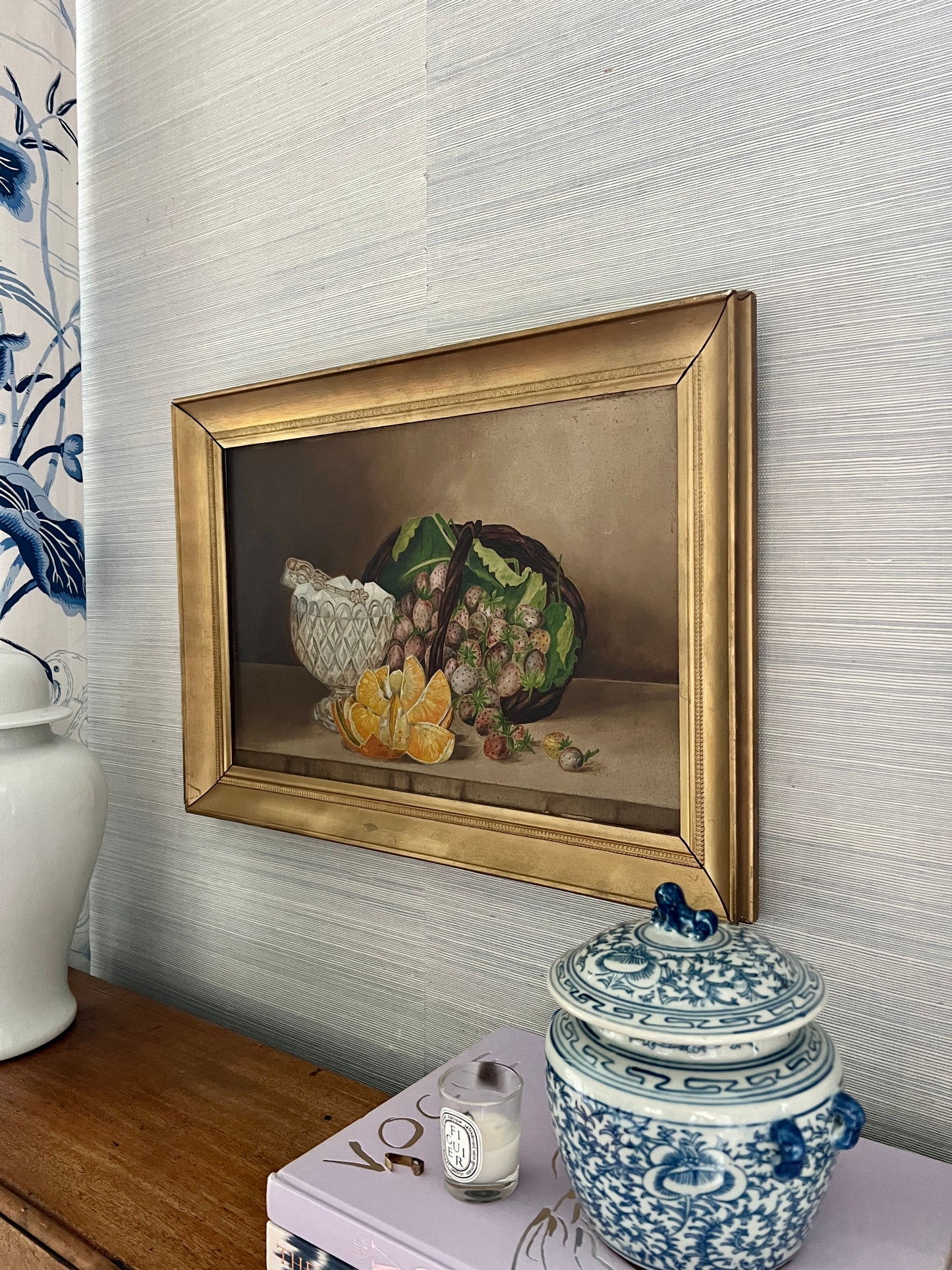 19th Century American Folk Art Still Life Sugar Cubes and Basket of Strawberries in Gold Frame
