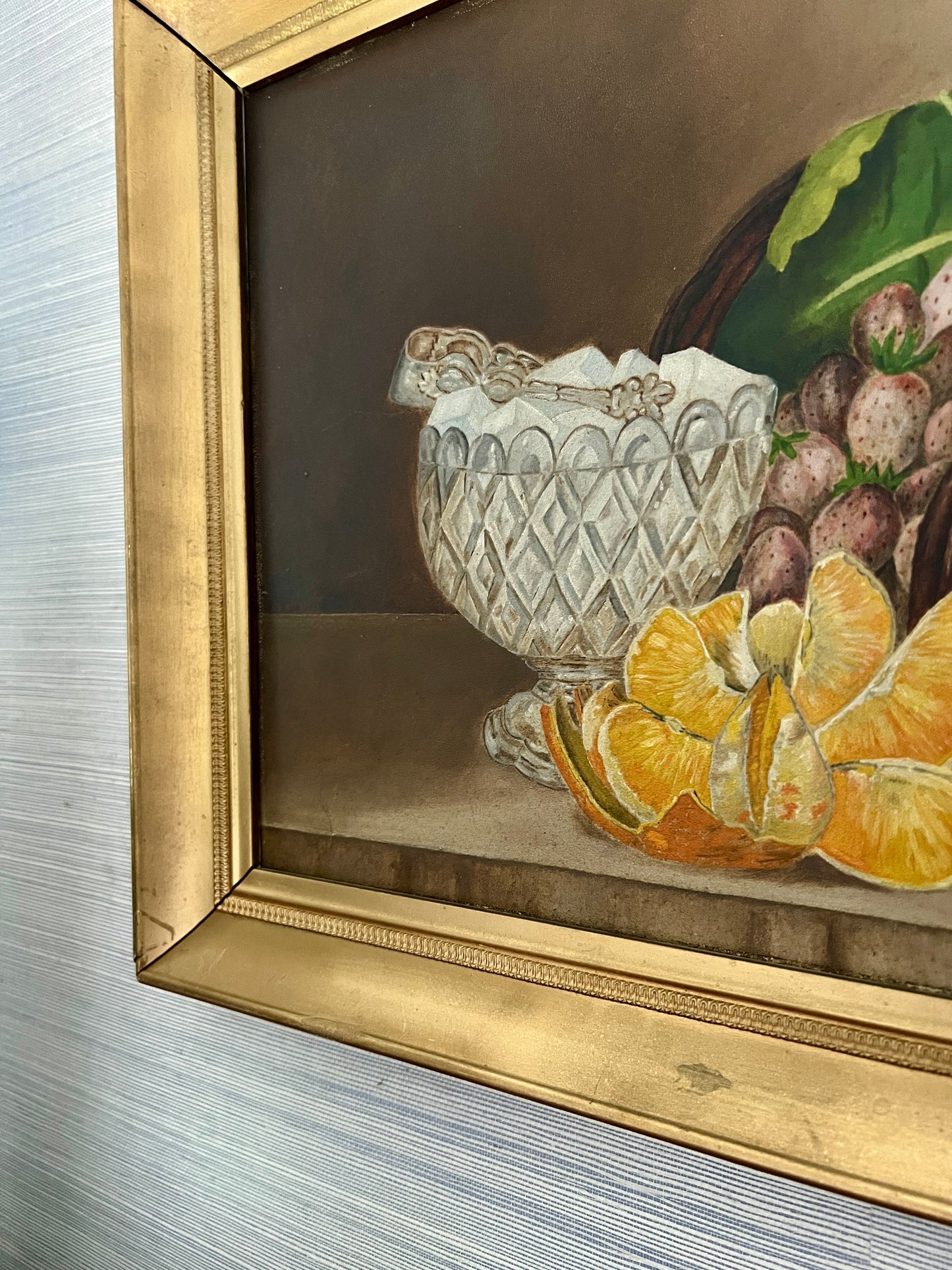 19th Century American Folk Art Still Life Sugar Cubes and Basket of Strawberries in Gold Frame