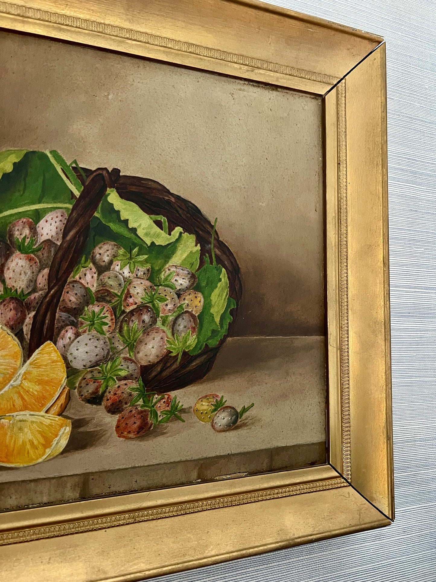 19th Century American Folk Art Still Life Sugar Cubes and Basket of Strawberries in Gold Frame