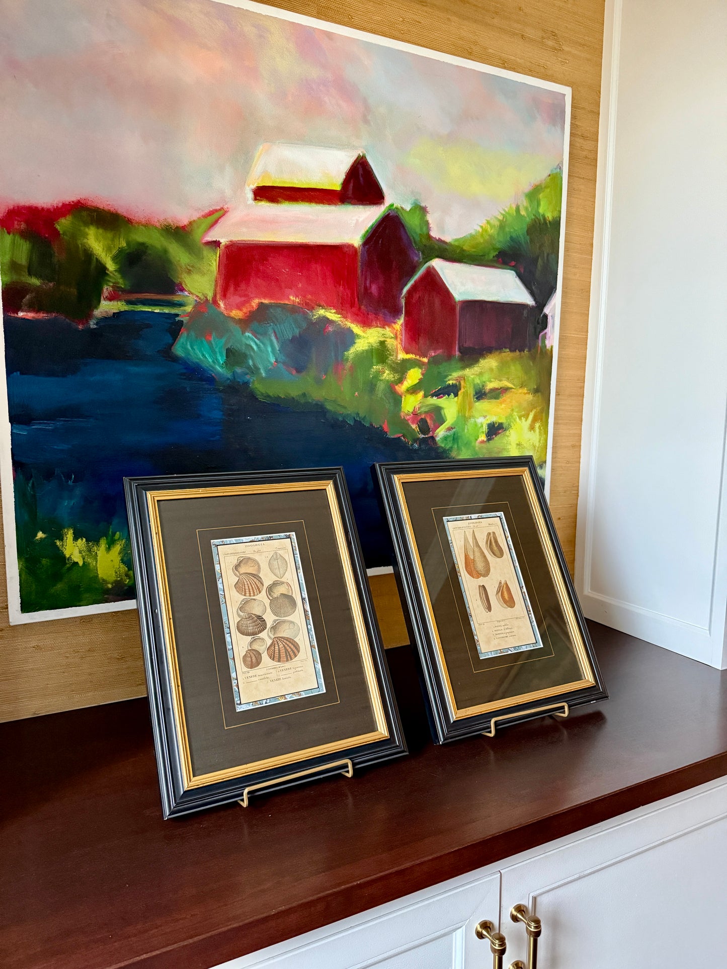 Pair of Pierre Turpin Hand Colored Seashell Lithographs in Black and Gold Frames