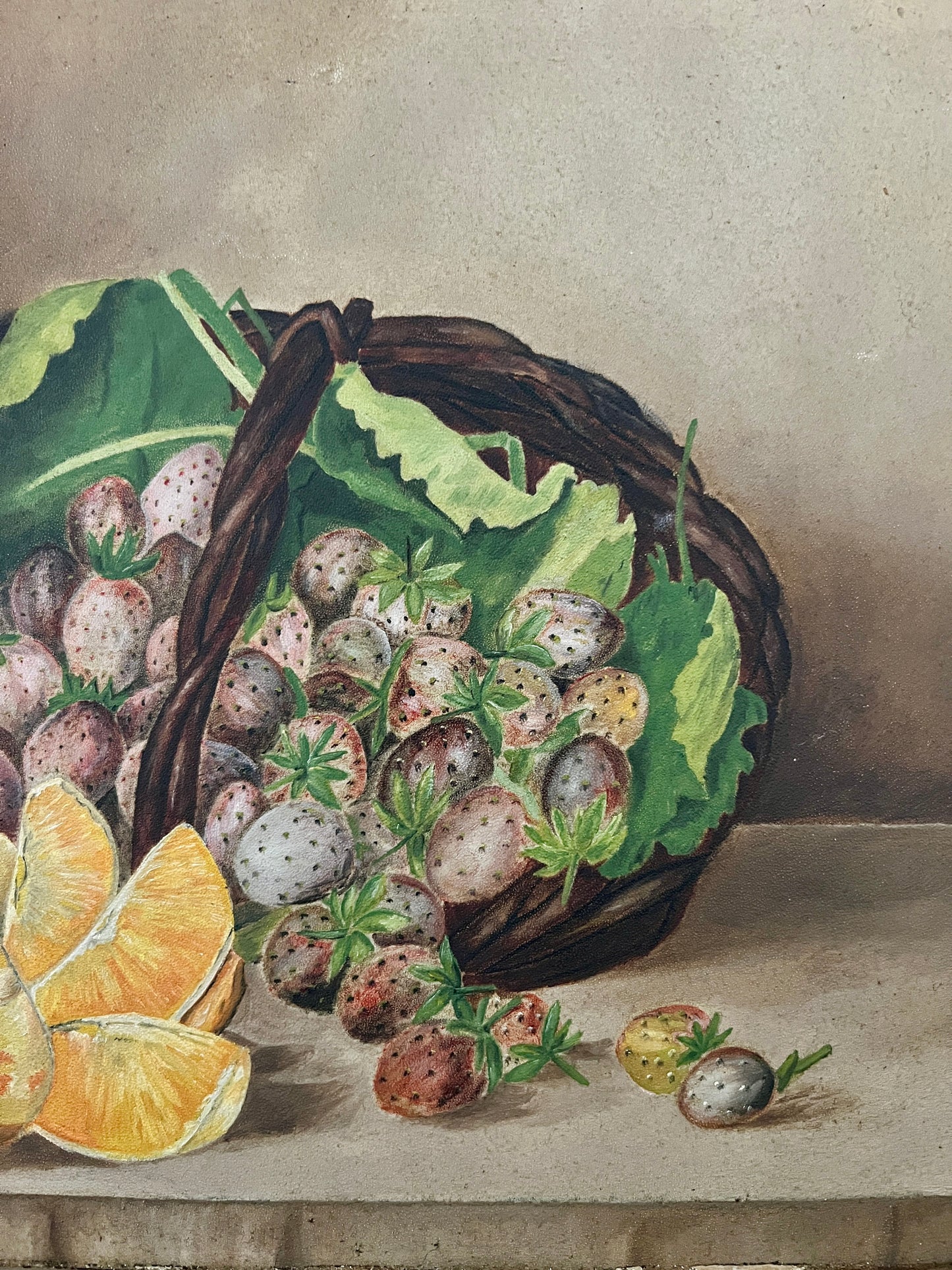 19th Century American Folk Art Still Life Sugar Cubes and Basket of Strawberries in Gold Frame