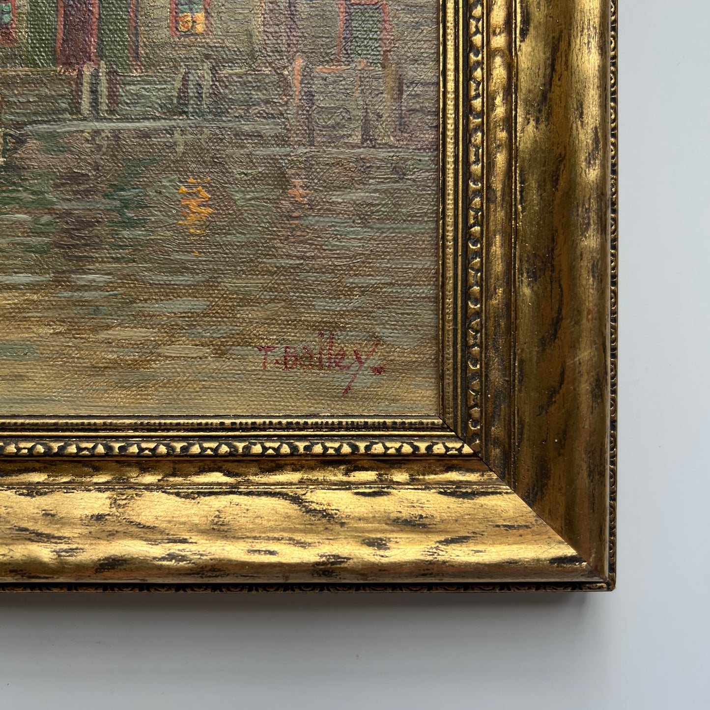 T. Bailey 1932 Gloucester, MA Sailboat Harbor Scene Oil Painting in Gold Frame