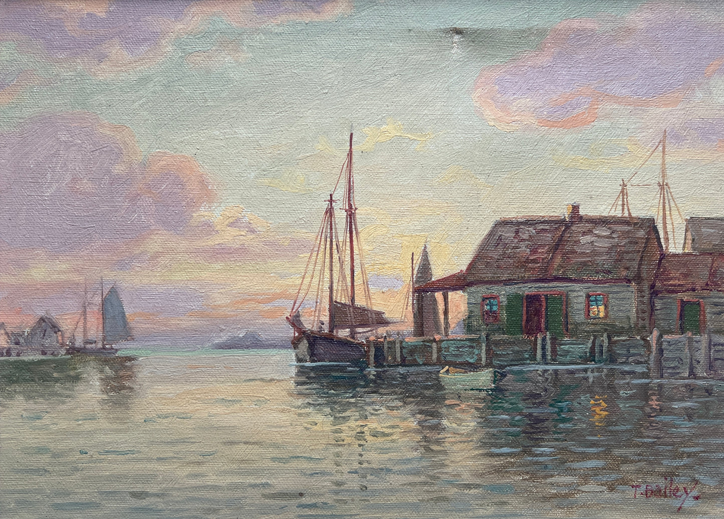 T. Bailey 1932 Gloucester, MA Sailboat Harbor Scene Oil Painting in Gold Frame