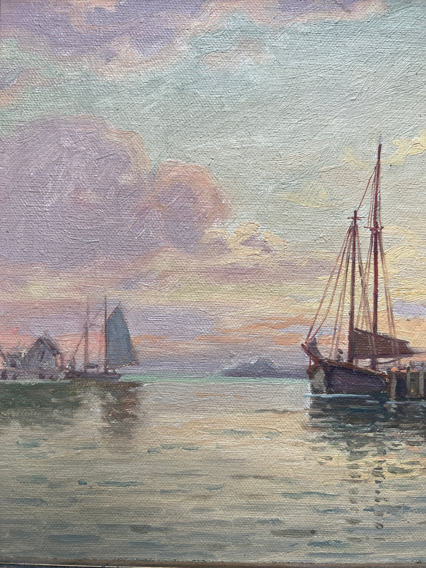 T. Bailey 1932 Gloucester, MA Sailboat Harbor Scene Oil Painting in Gold Frame