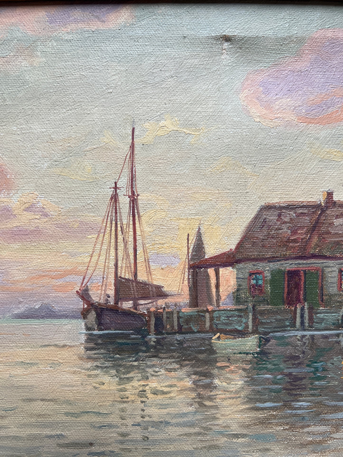 T. Bailey 1932 Gloucester, MA Sailboat Harbor Scene Oil Painting in Gold Frame