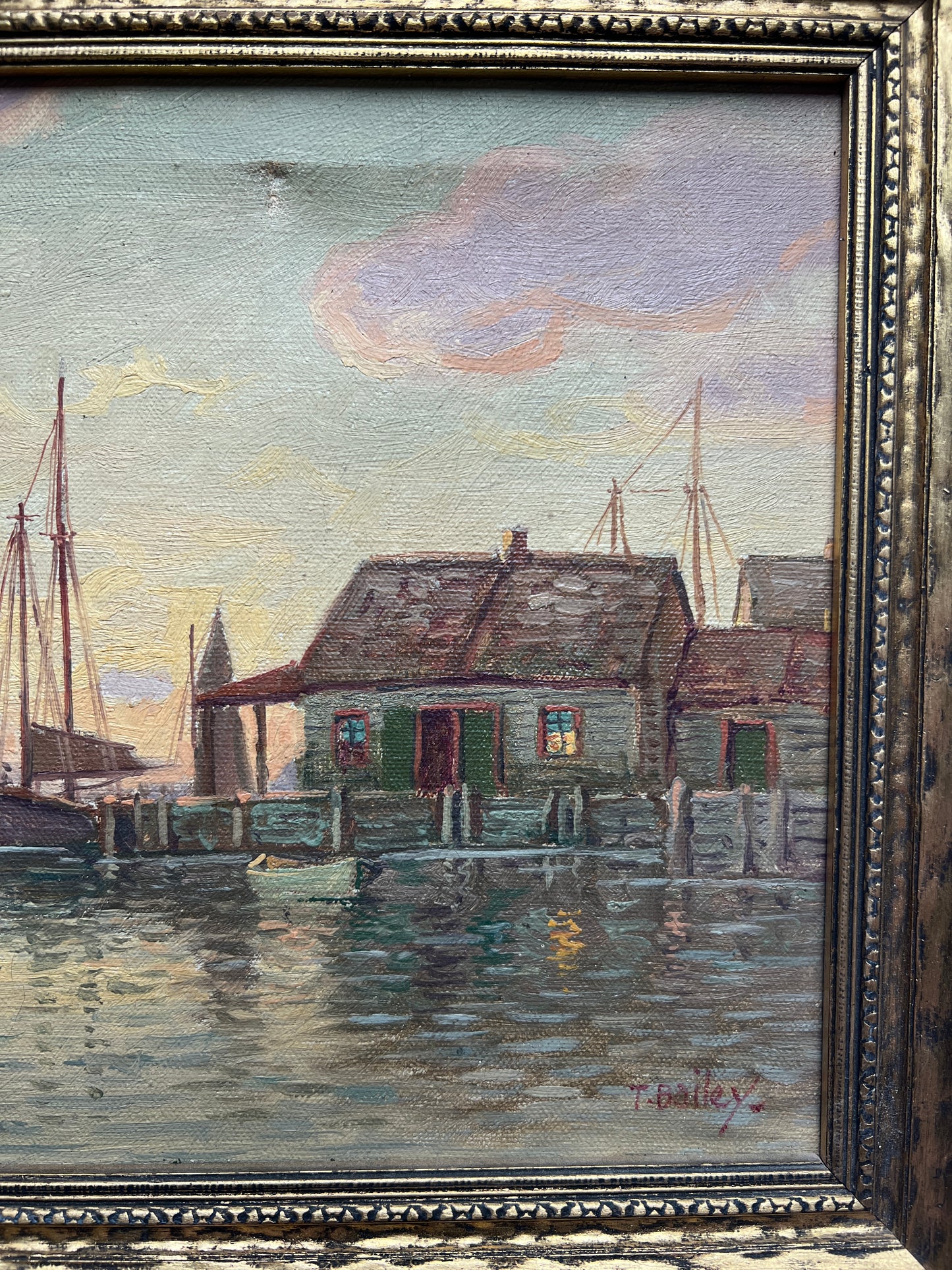 T. Bailey 1932 Gloucester, MA Sailboat Harbor Scene Oil Painting in Gold Frame