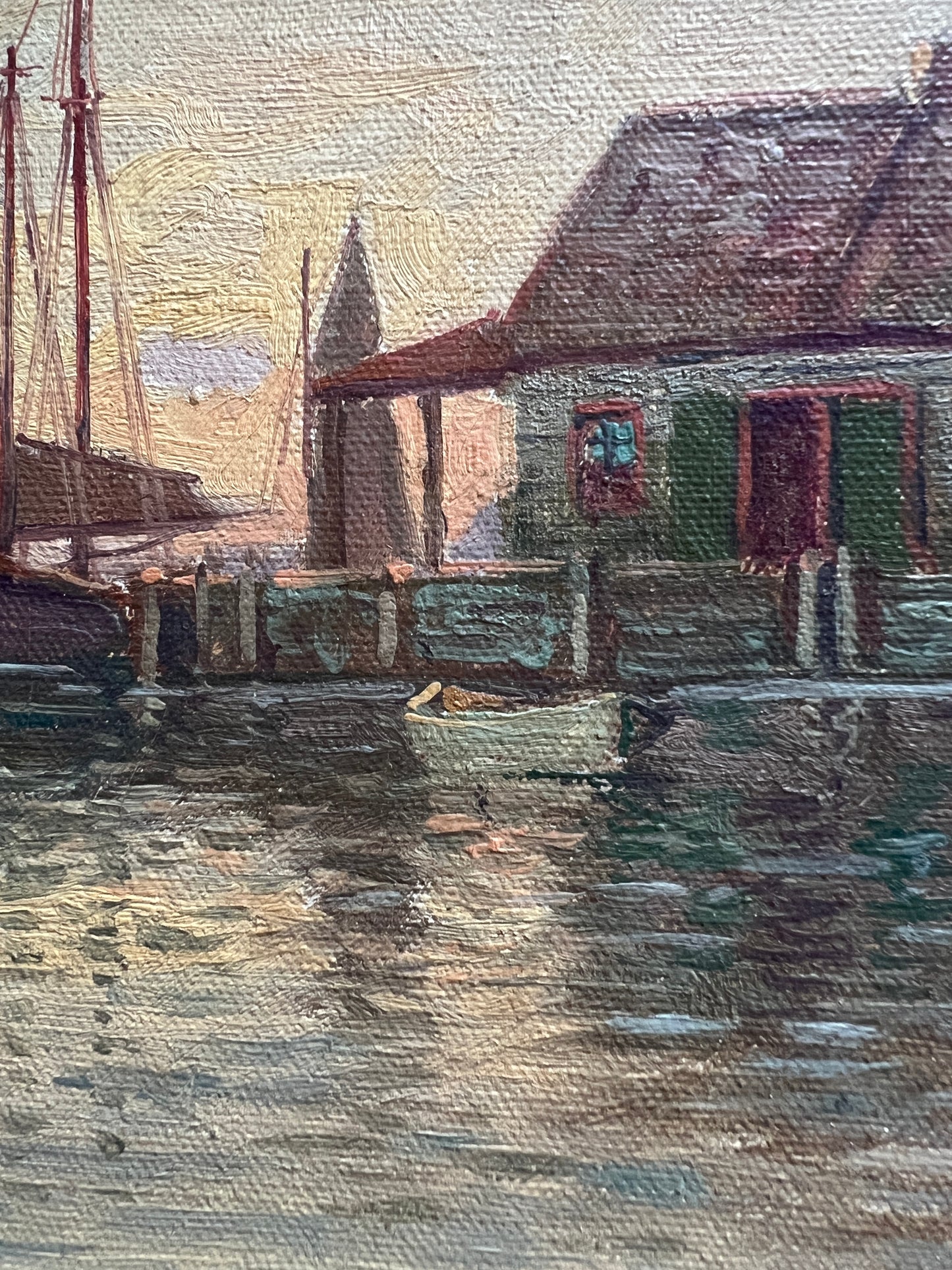 T. Bailey 1932 Gloucester, MA Sailboat Harbor Scene Oil Painting in Gold Frame