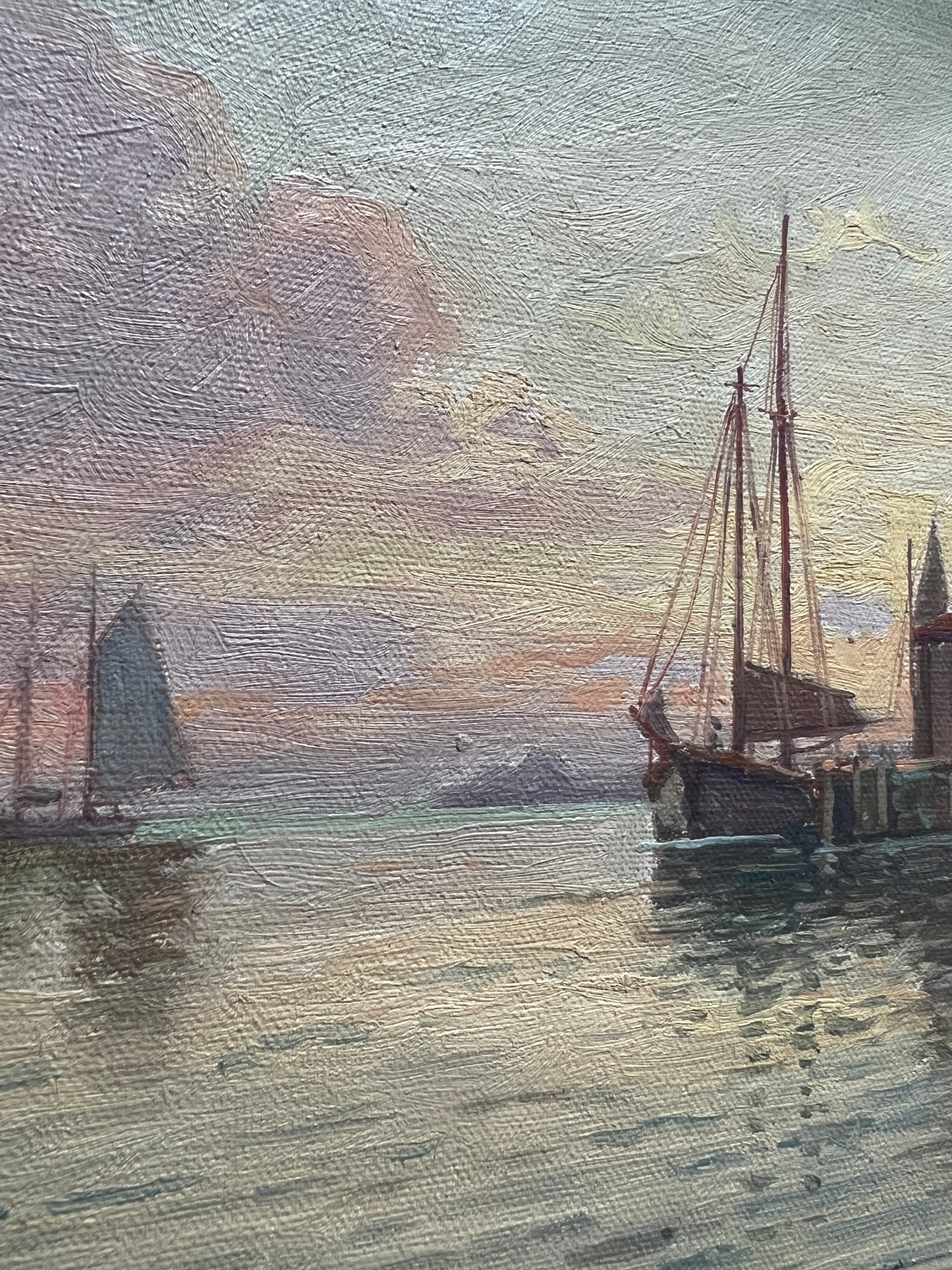T. Bailey 1932 Gloucester, MA Sailboat Harbor Scene Oil Painting in Gold Frame