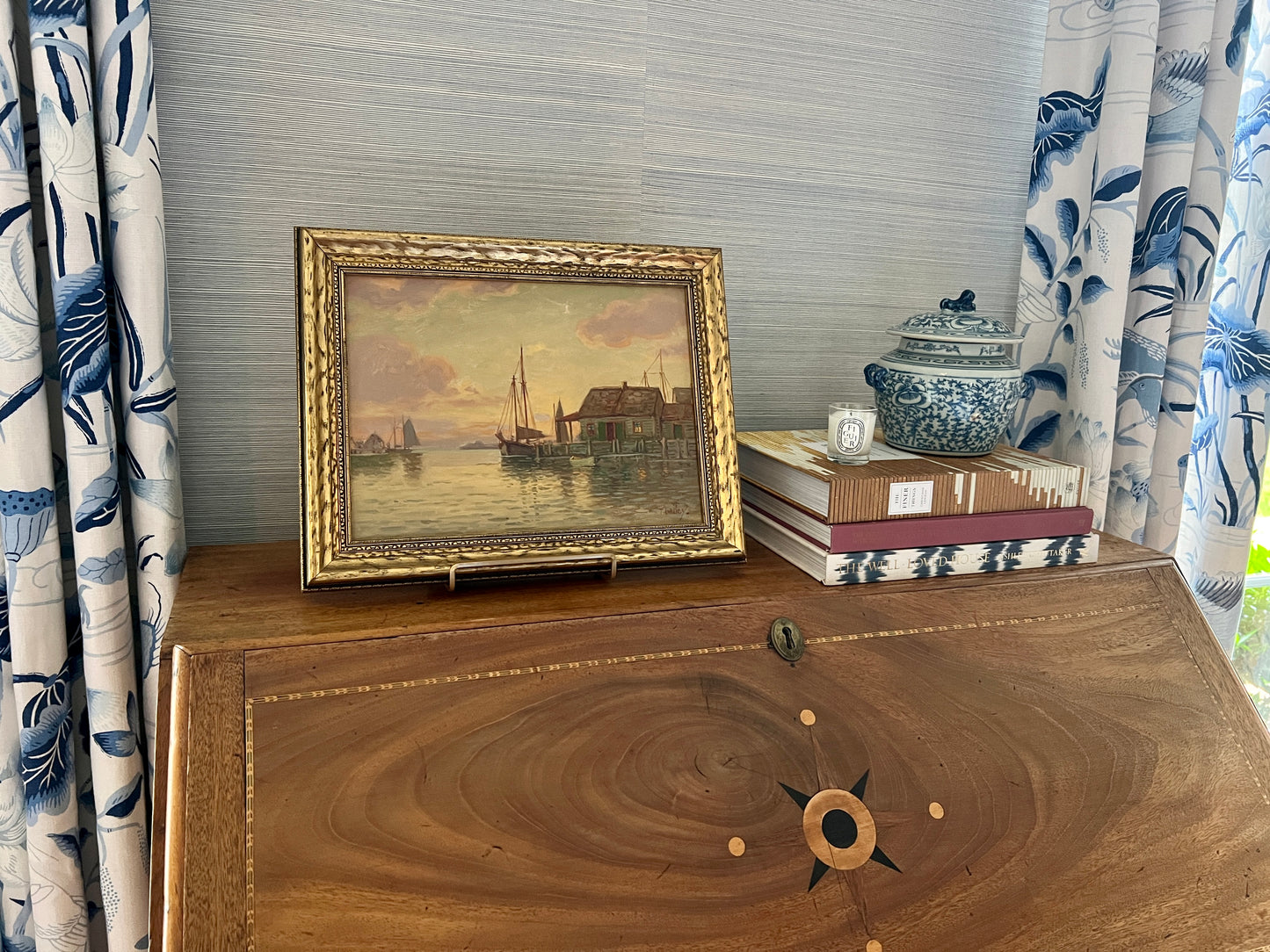 T. Bailey 1932 Gloucester, MA Sailboat Harbor Scene Oil Painting in Gold Frame