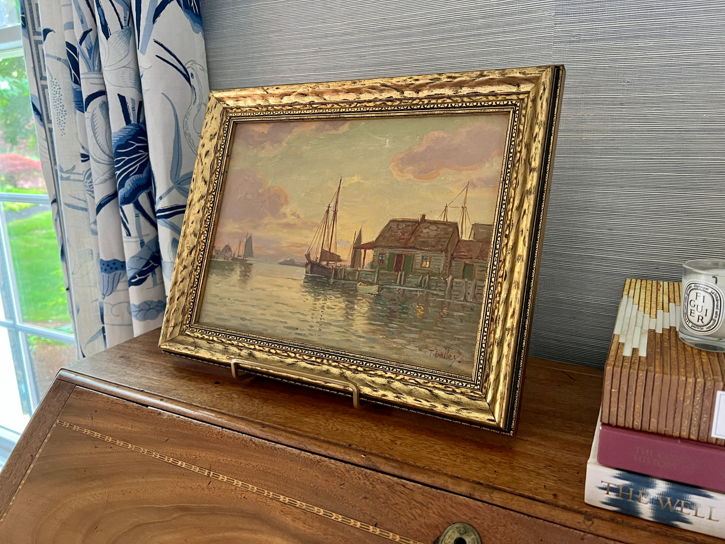 T. Bailey 1932 Gloucester, MA Sailboat Harbor Scene Oil Painting in Gold Frame