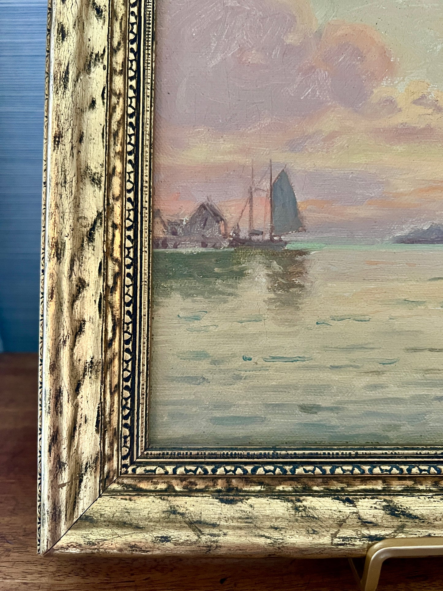 T. Bailey 1932 Gloucester, MA Sailboat Harbor Scene Oil Painting in Gold Frame
