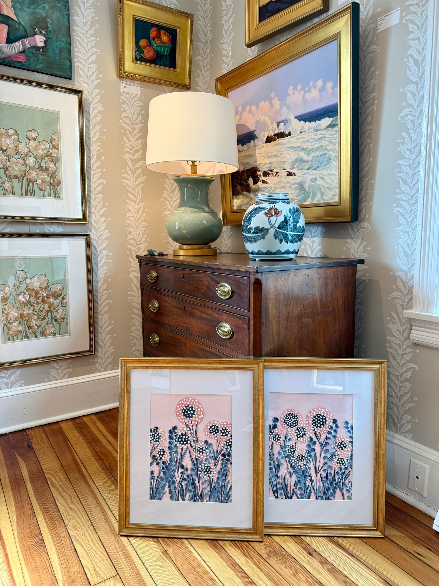 Alison Diamond McElroy Seersucker Summer I Abstract Floral Painting in Gold Frame