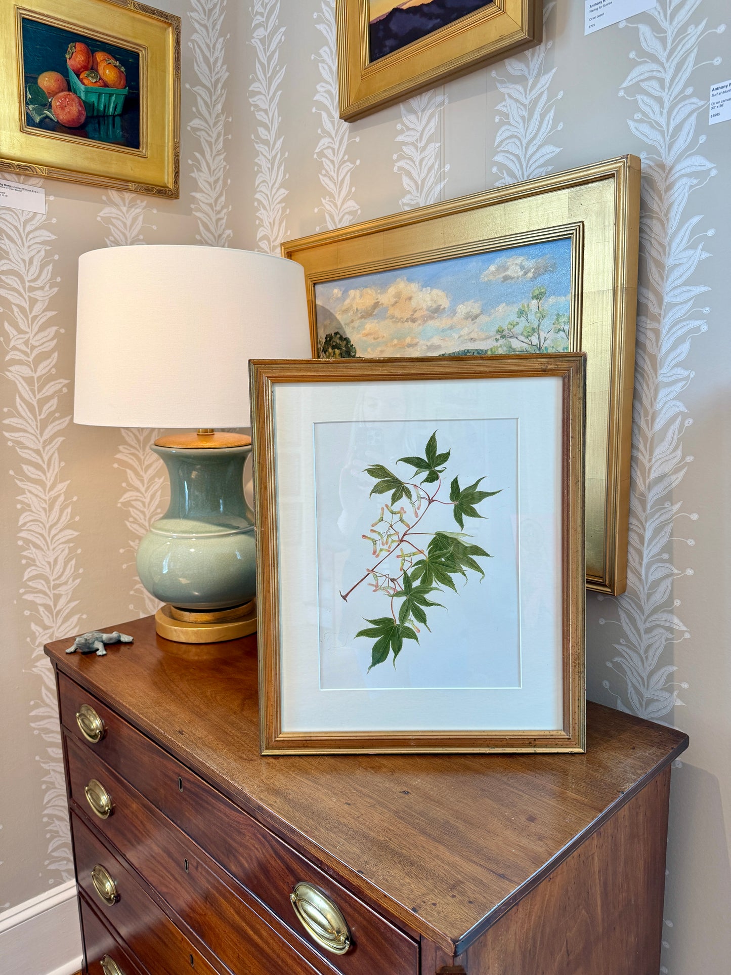 Kathleen Moyra Bellis Maple Branch Botanical Watercolor Painting in Gold Frame