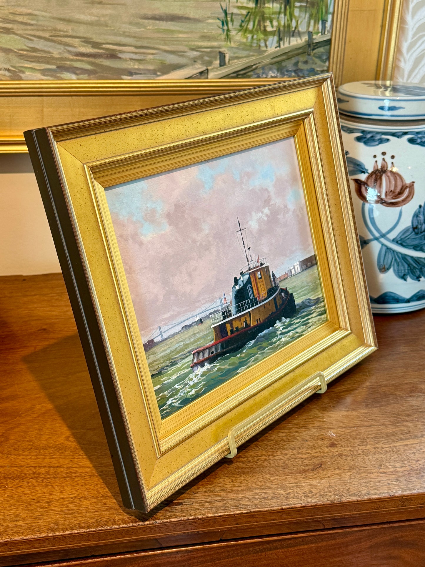 Anthony R. Thompson Harbor Traffic Philadelphia Tugboat Oil Painting in Gold Frame