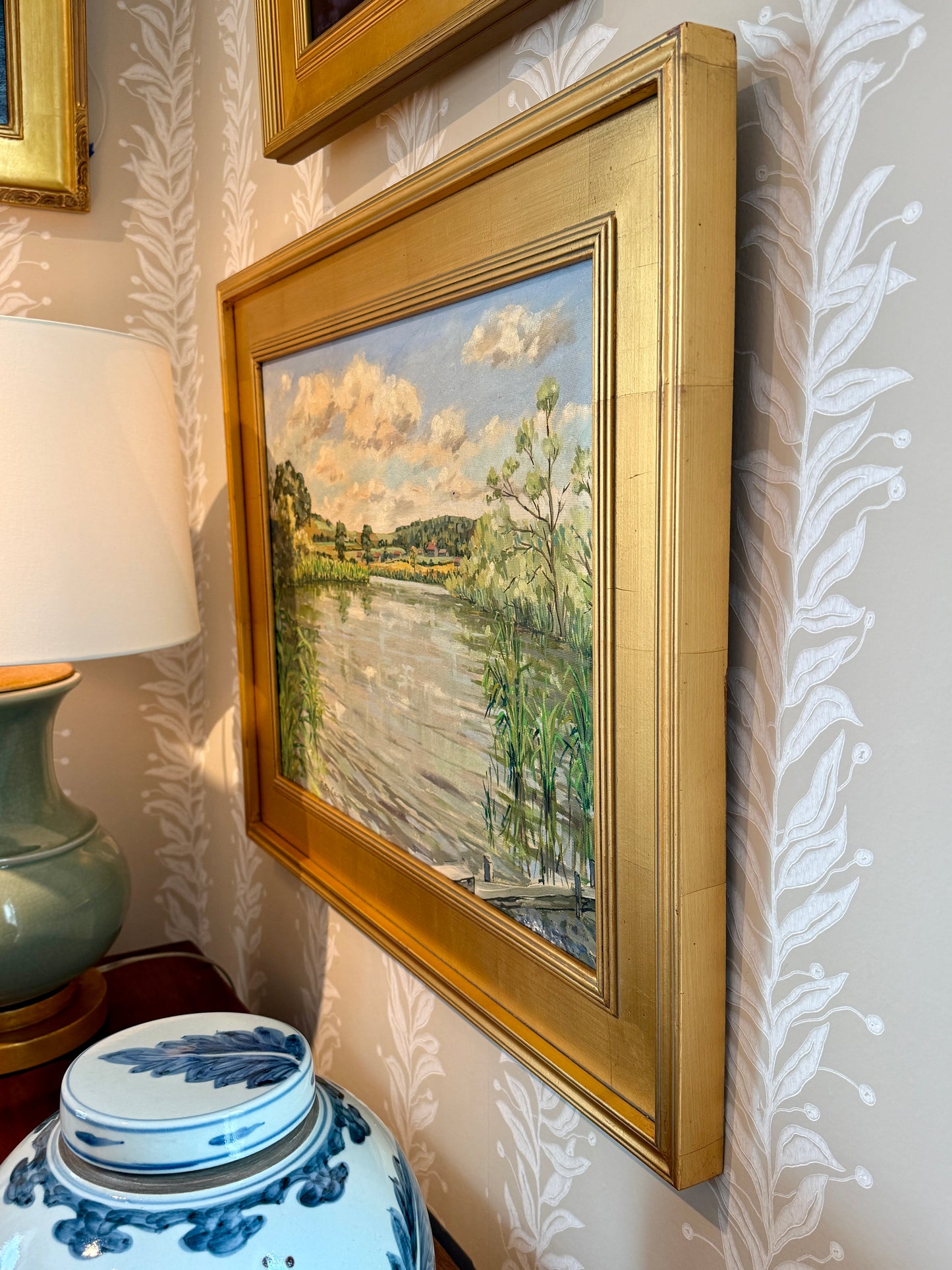 Peter Collens Patching Pond London England Spring Landscape Oil Painting in Gold Frame