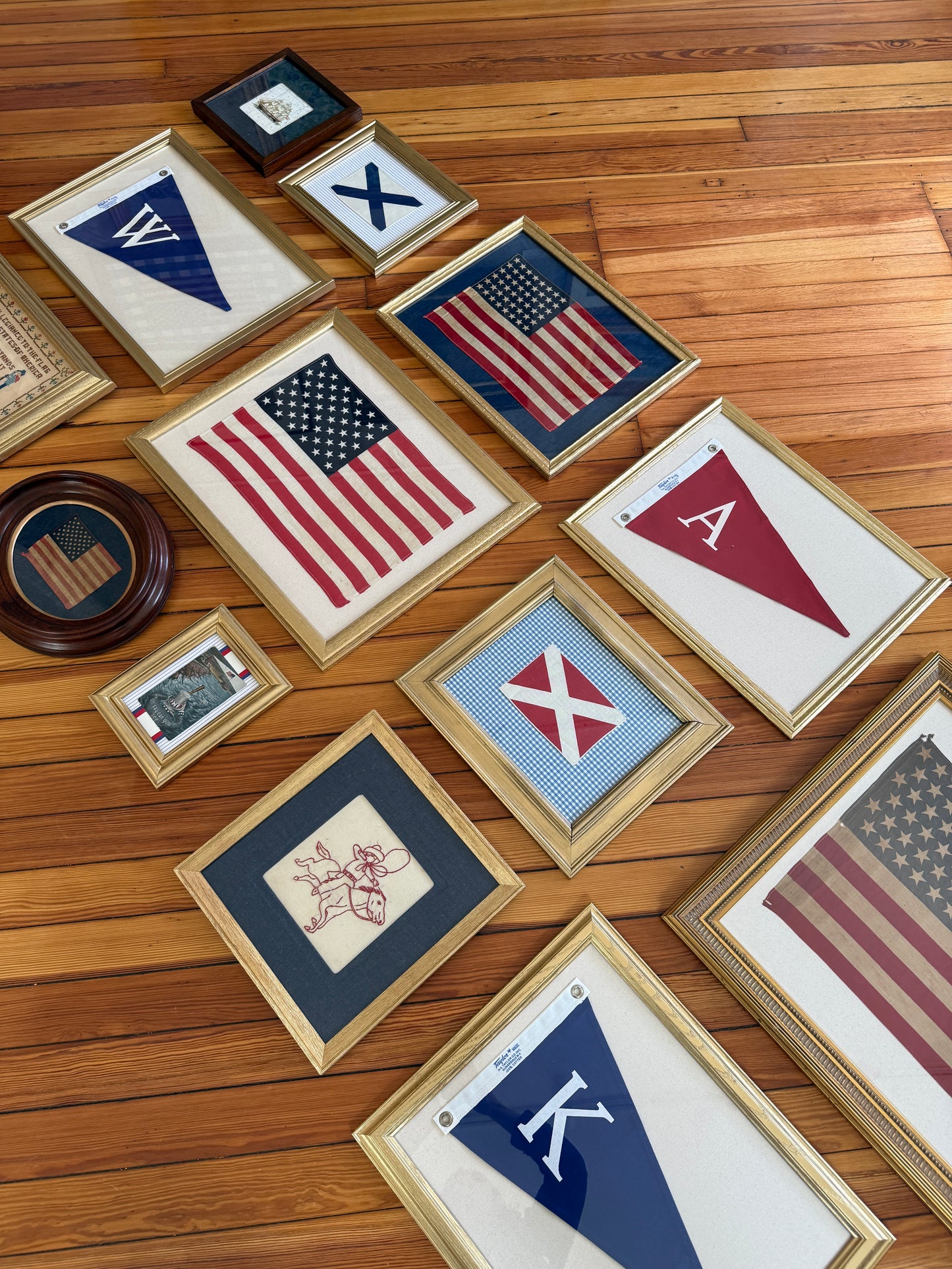Vintage Red Canvas "A" Burgee Nautical Flag on Ivory Duck Cloth in Gold Frame