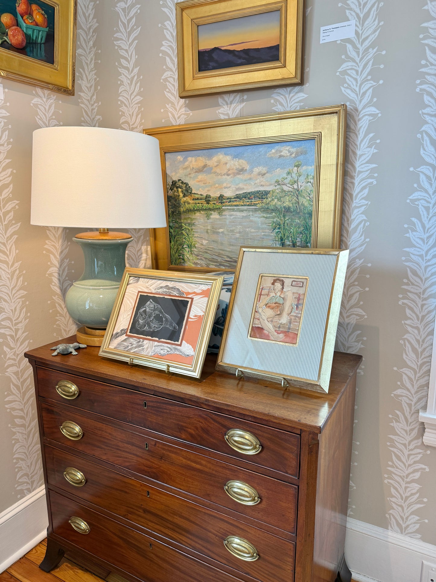 Conch Shell Study Drawing on Vintage Chintz Fabric in Gold Frame