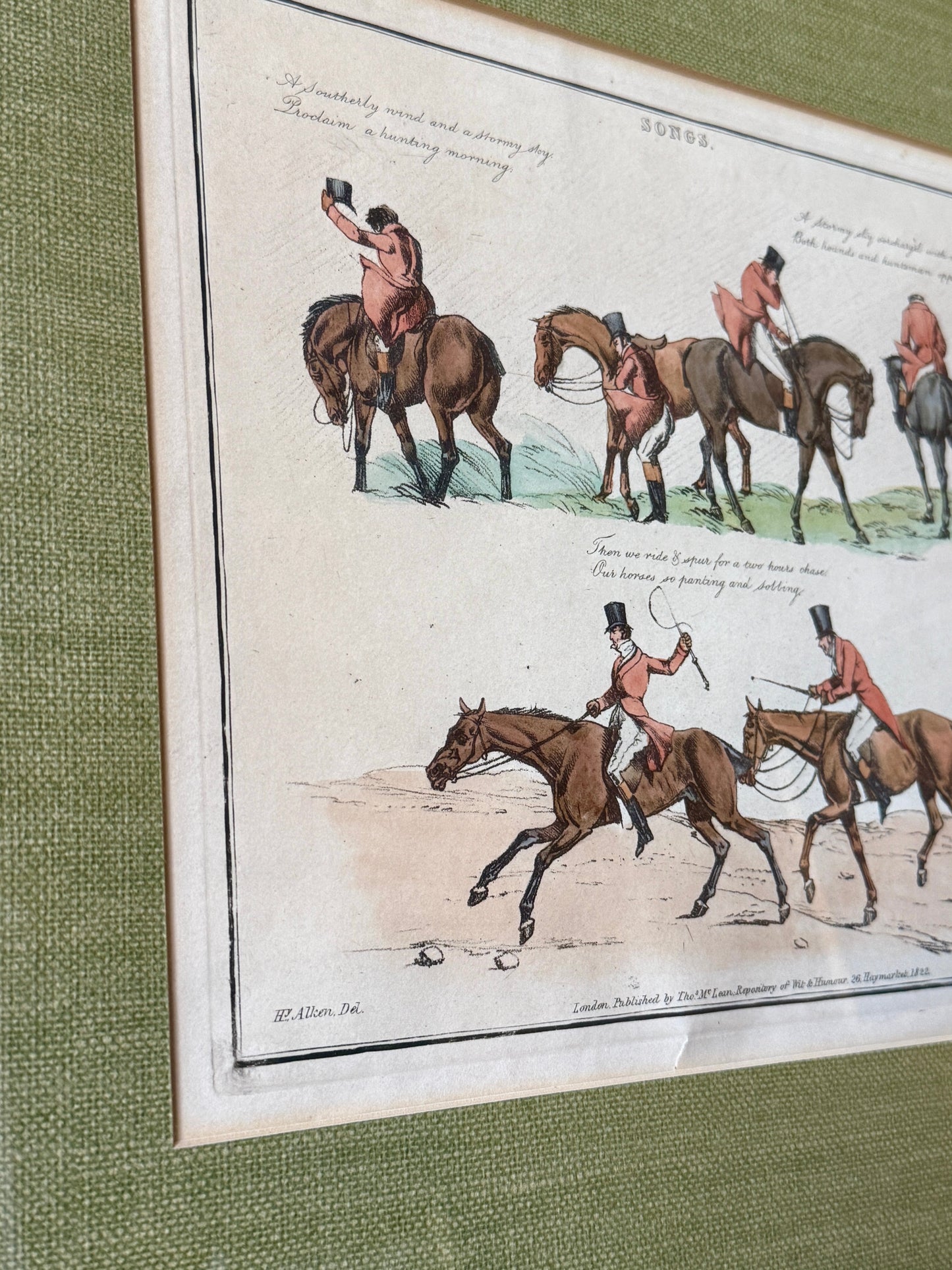 Henry Alken Hand Colored 19th Century Horse and Rider Engraving in Green Grasscloth and Fold Frame