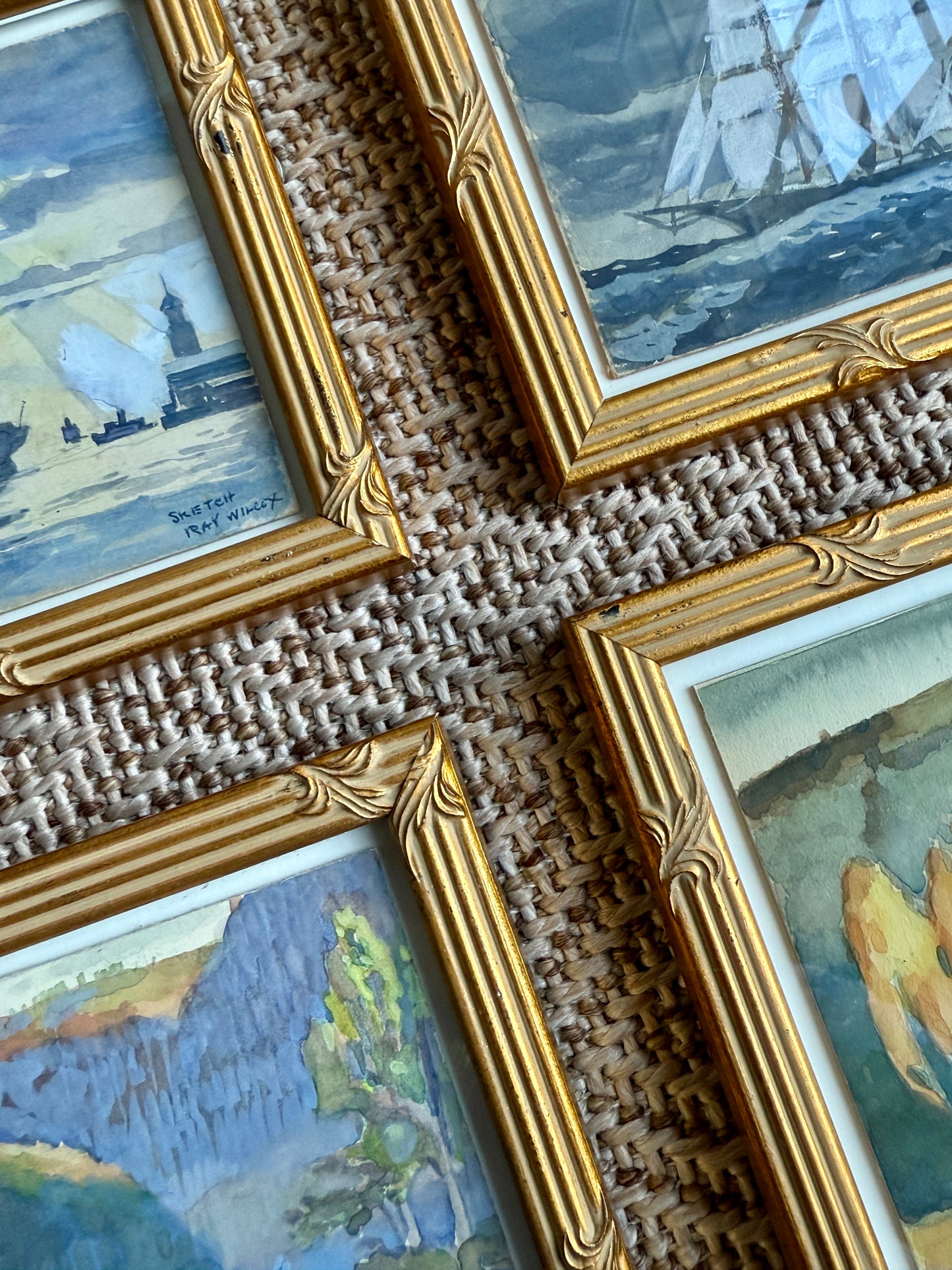 Set of Four Ray Wilcox Ships in Seascape and Landscape Oil Paintings in Gold Frames