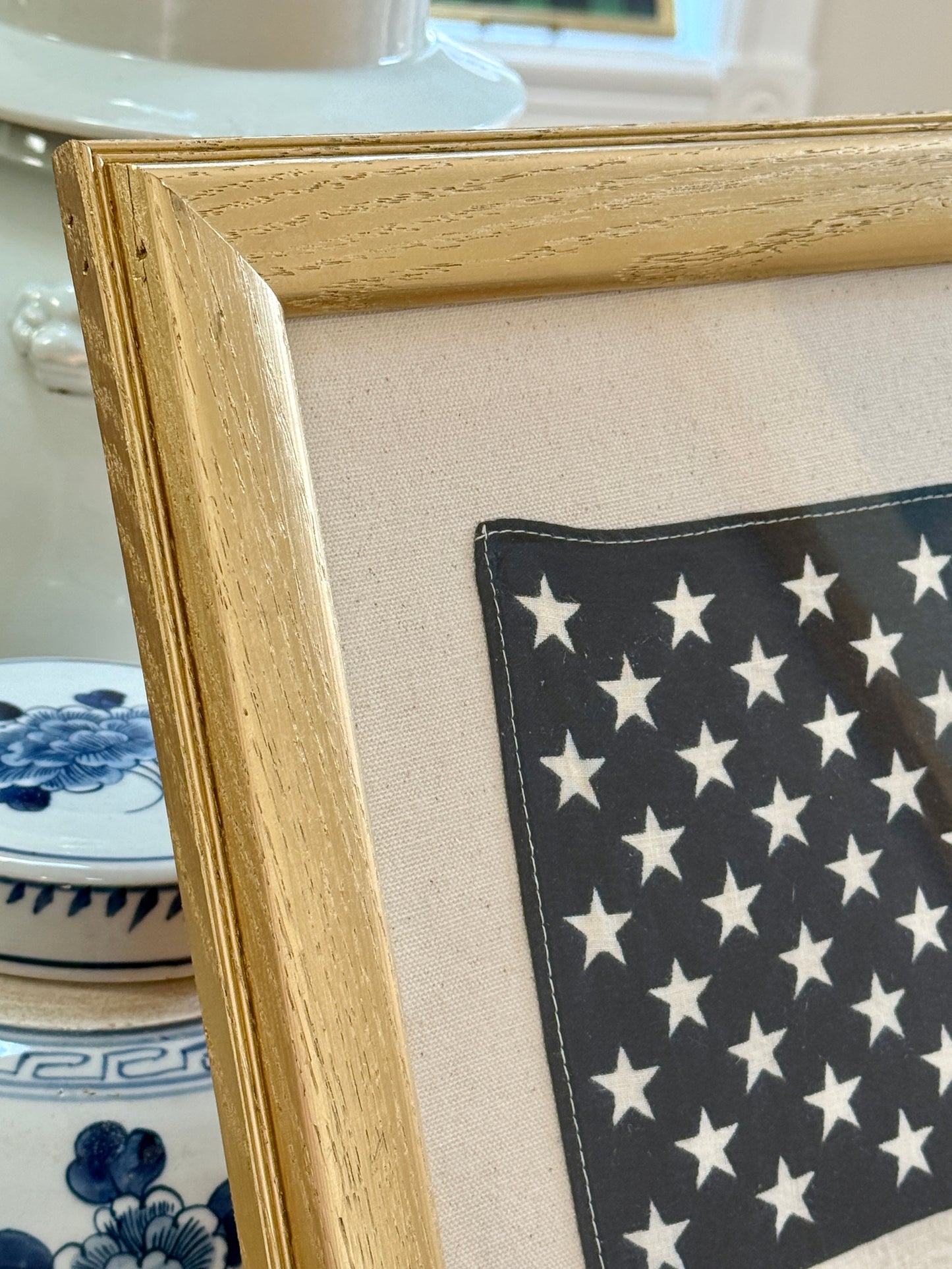 50 Star American Flag on Ivory Duck Cloth in Gold Wood Frame